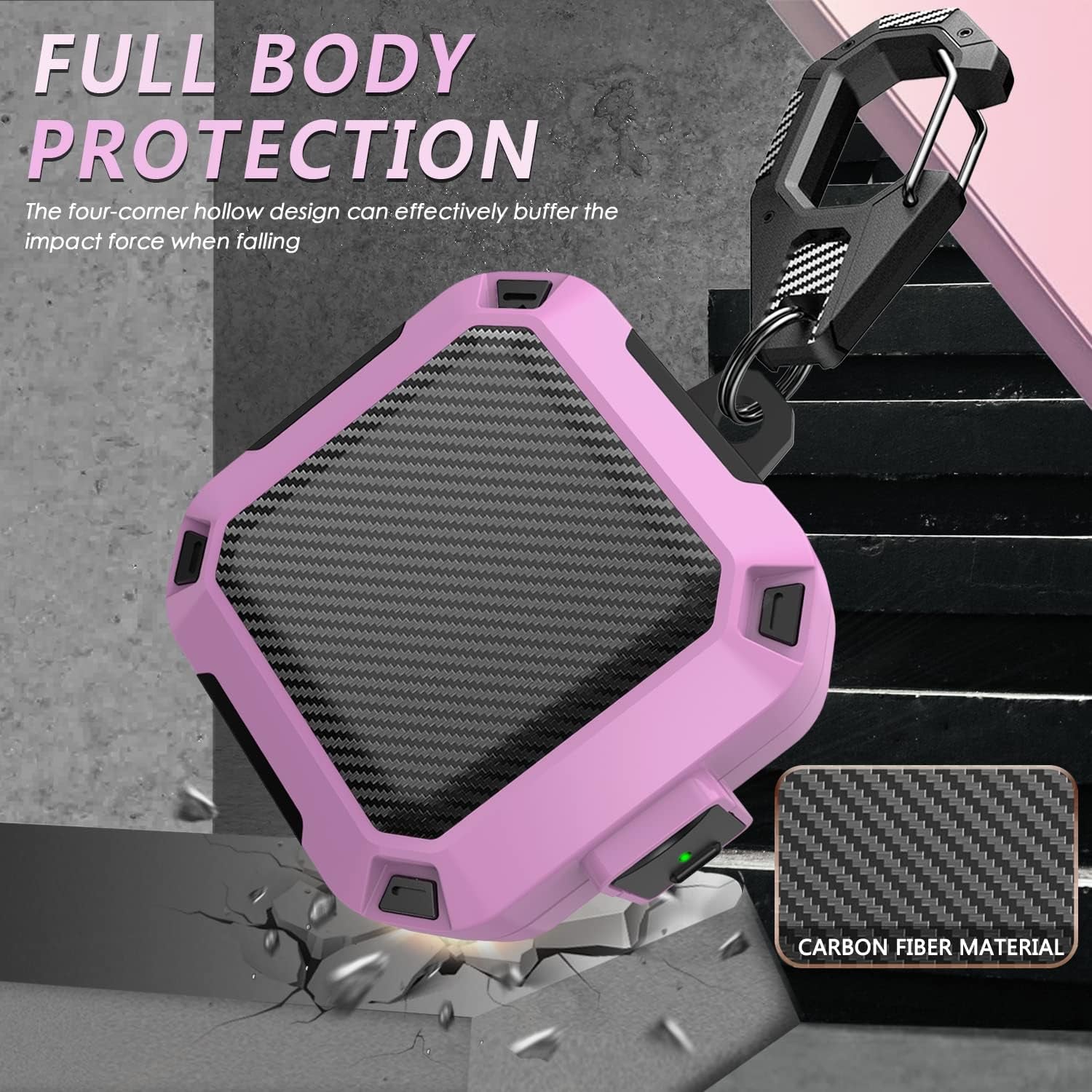 Secure Lock Case for Beats Fit Pro 2021, Carbon Fiber Texture Beats Fit Pro Earbuds Case Cover with Anti-Lost Keychain/Storage Box/Cleaning Brush/Wrist Strap (Pinkish Purple)  Mooyavia   