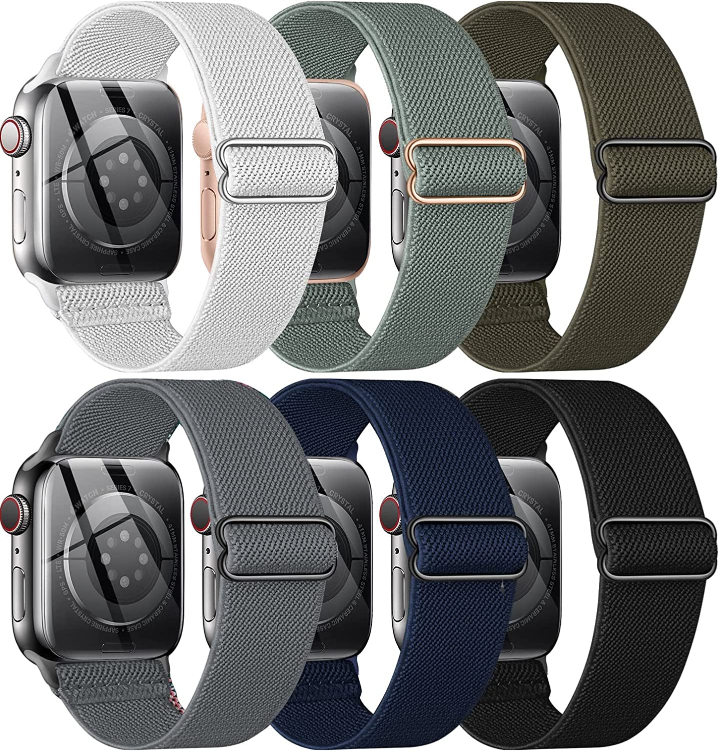 BELONGME 6 Packs Stretchy Nylon Solo Loop for Apple Watch Band Series Ultra SE 8 7 6 5 4 3 2 1 40Mm 38Mm 44Mm 42Mm 45Mm 41Mm 49Mm, Women and Men Sport Apple Watch Bands Replacement for Iwatch Bands  BELONGME A-Black/Cactus/Grey/White/Deep Blue/Army Green 45mm/44mm/42mm/49mm 