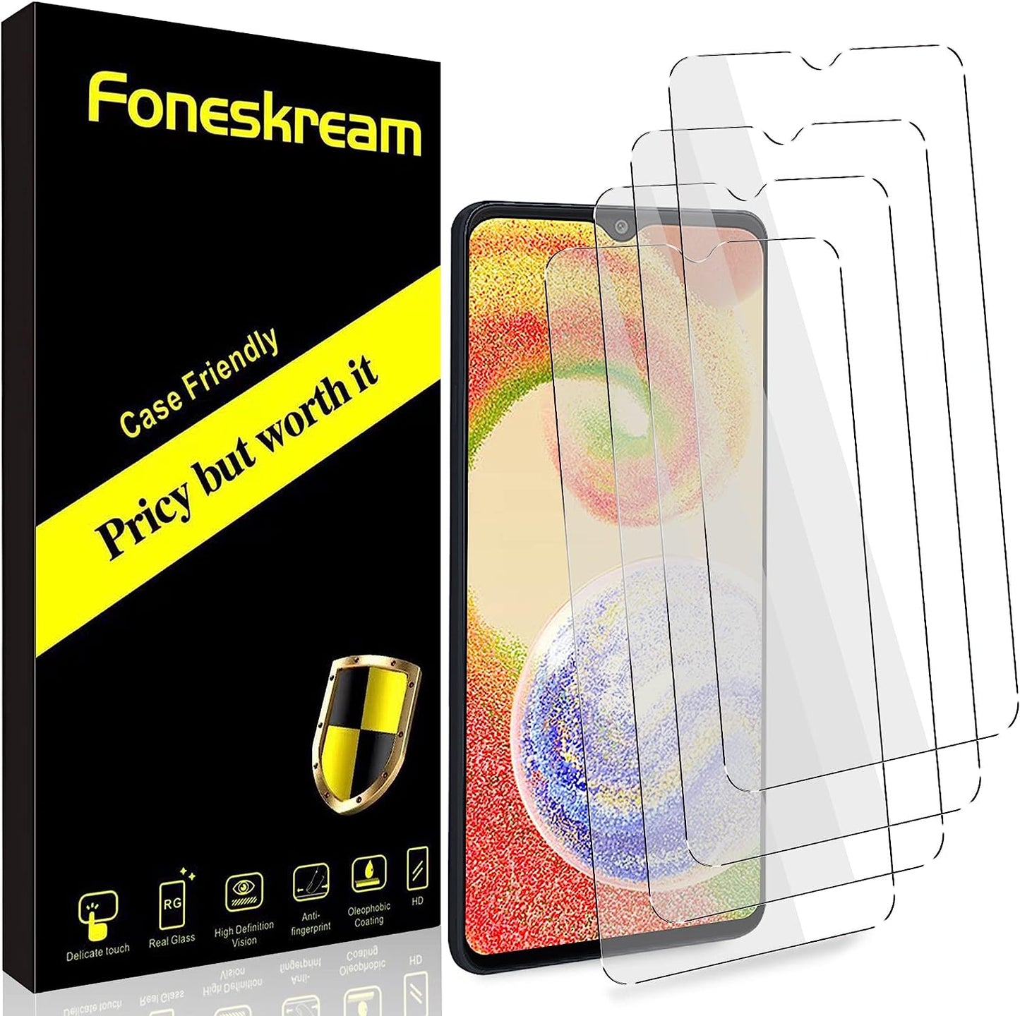 Foneskream [4 Pack] Compatible for Samsung Galaxy A04S/A04/A03/A03S/A02S/A02/A12 Screen Protector 6.5 Inch Tempered Glass 9H Hardness Case Friendly  Foneskream   