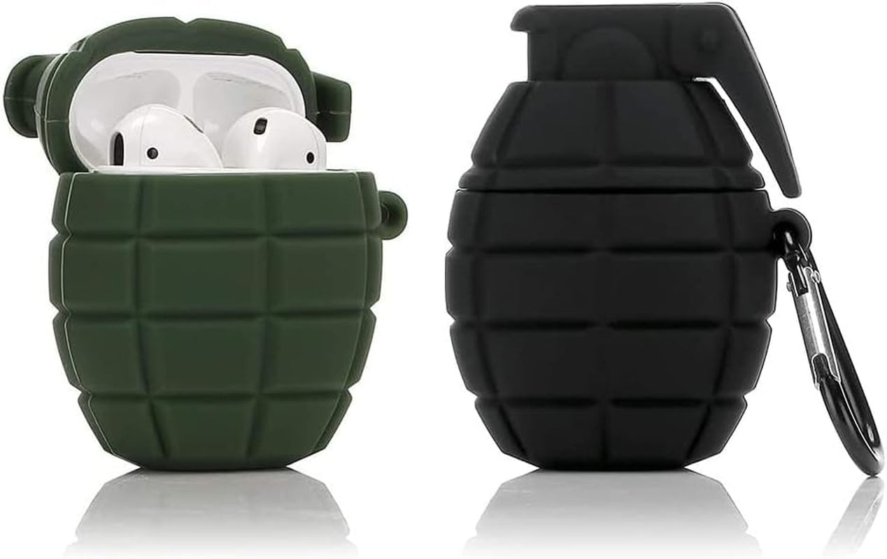 (2 Pack) Cute Airpods 1/2 Case Silicone Cover with Keychain, Cartoon Skin Design Headphones Charging Case Protective Cover Accessories Kits Compatible for Airpods 1 and 2 (Black+White)  BGAANM GrenadeGreen+GrenadeBlack  