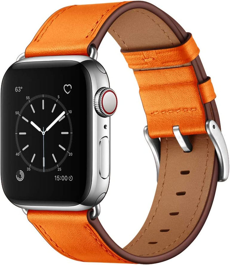 OUHENG Compatible with Apple Watch 49Mm 45Mm 44Mm 42Mm, Genuine Leather Band Replacement Strap Compatible with Apple Watch Ultra Series 8/7/6/5/4/3/2/1/SE2/SE, Black Band with Black Adapter  OUHENG Orange/Silver 49mm/45mm/44mm/42mm 