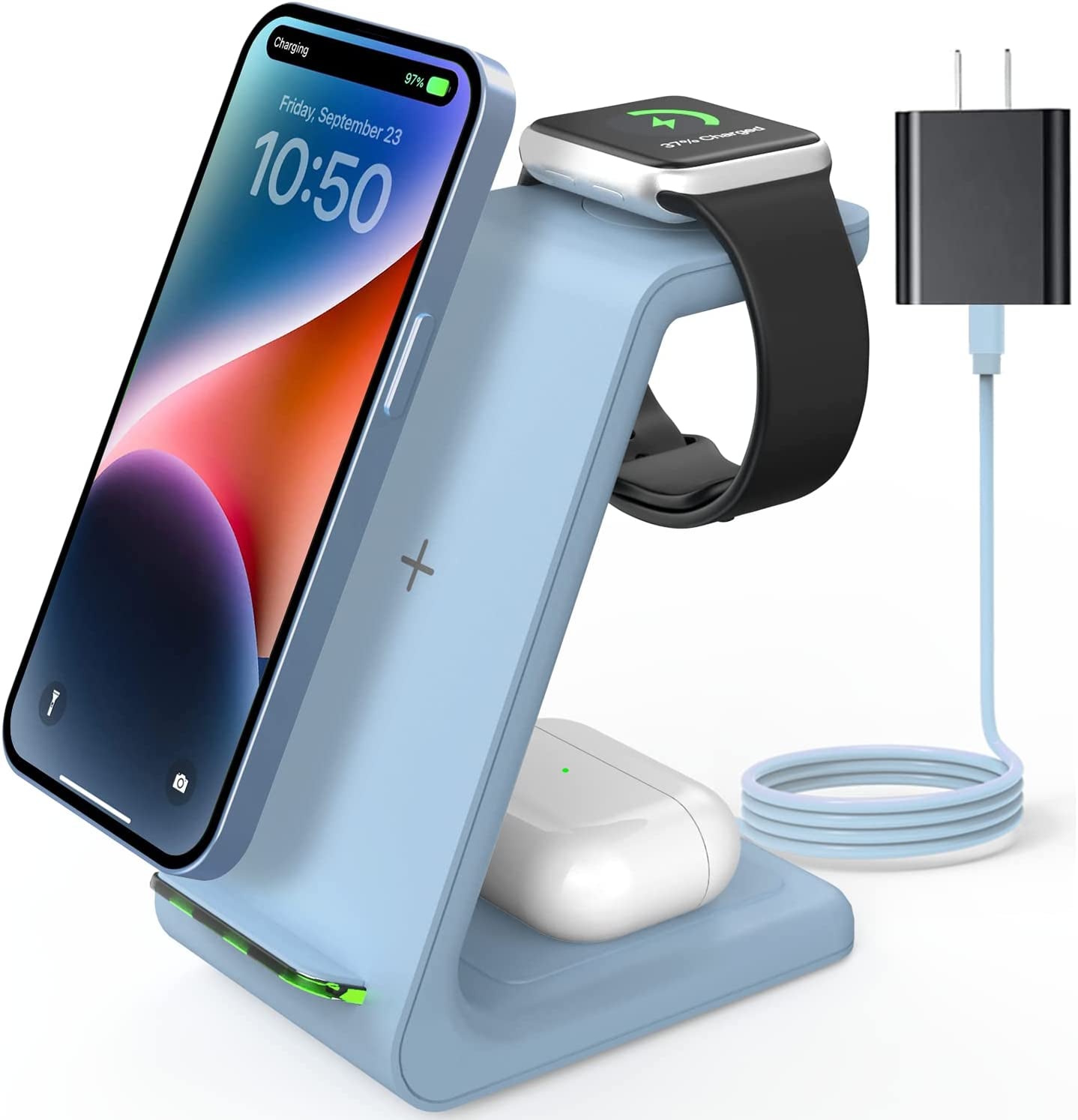 Joygeek Wireless Charging Station, Wireless Charger Stand, 3 in 1 Charging Station for Apple Iphone 14/13/12/11/SE/X/8 Series, Apple Watch Ultra/8/Se/7/6/3, Airpods Pro 2/3/2/Pro - White  JoyGeek Misty Blue  