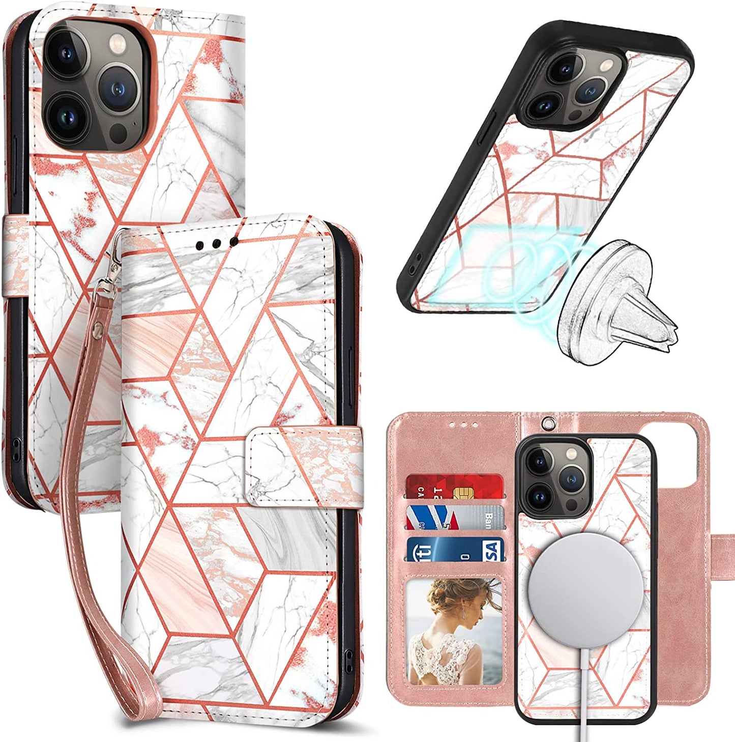 CASEOWL Iphone 14 Pro Max Wallet Case [Compatible with Magsafe Charger] Magnetic Detachable [RFID Blocking] Floral Pattern Flip Leather Lanyard Wallet Case with Card Holder,Strap for Women (Vintage)  CASEOWL Marble Pink [for iPhone 14Pro Max]  