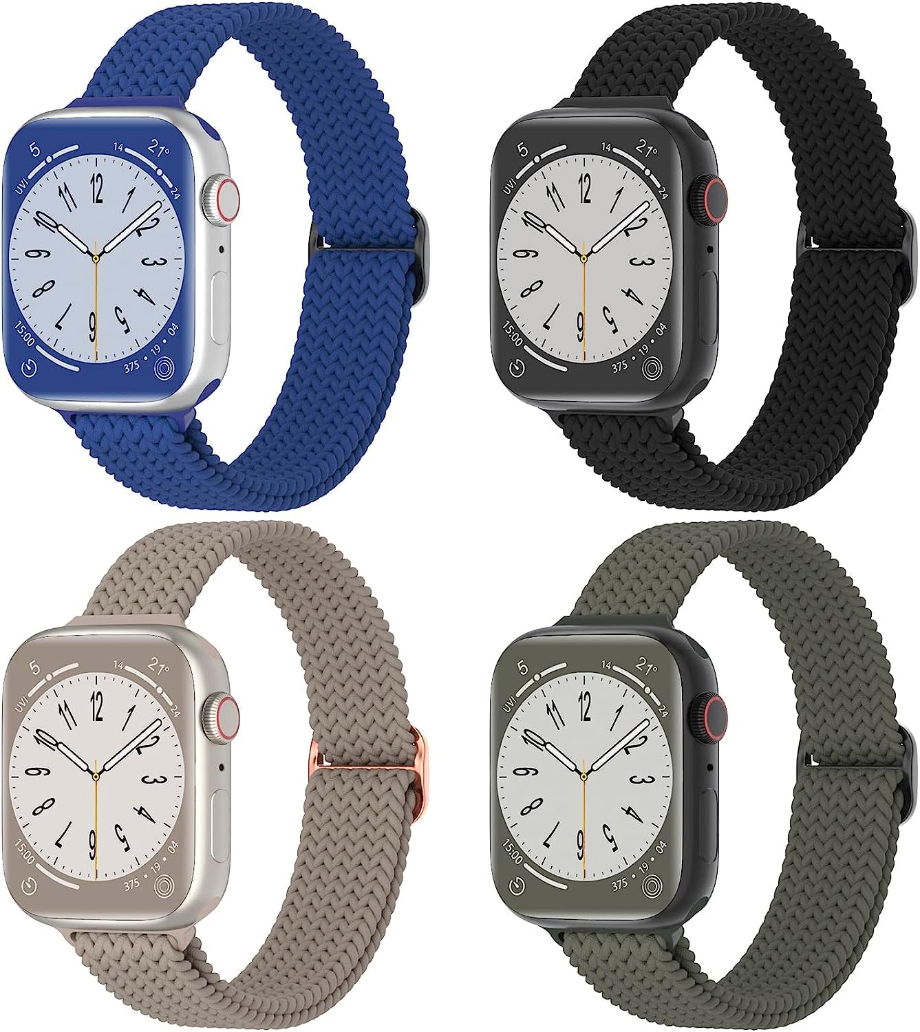 DYKEISS 4 Pack Slim Braided Solo Loop Bands Compatible for Apple Watch Band 38Mm 42Mm 40Mm 44Mm 41Mm 45Mm 49Mm, Stretch Nylon Elastic Thin Strap for Iwatch Ultra Series 8/7/SE/6/5/4/3/2/1 Women & Men  DYKEISS Navy Blue/Black/Stone/Olive Green 38/40/41mm 
