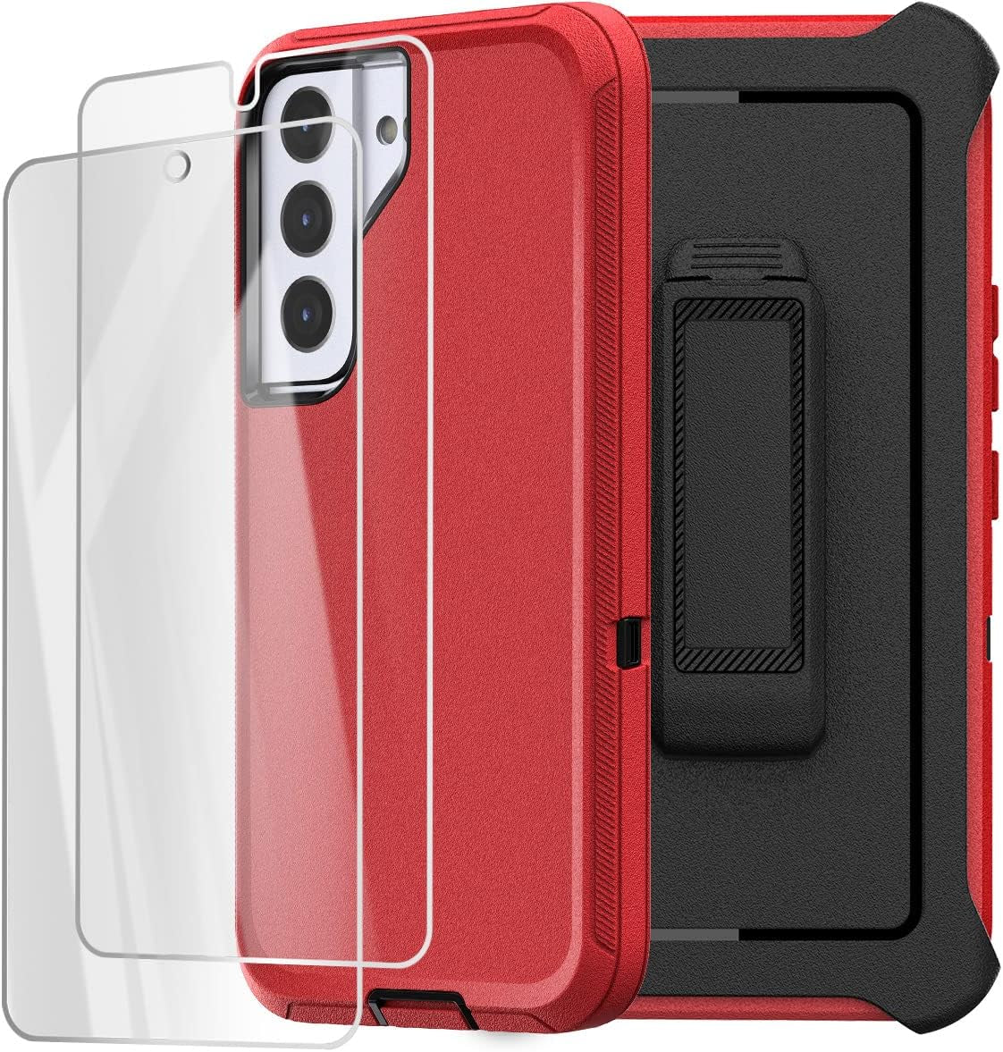 Aicase for Samsung Galaxy S22 Case with Screen Protector,Heavy Duty Drop Protection Full Body Rugged Shockproof/Dust Proof Military Protective Tough Durable Phone Cover for Samsung S22 6.1“_5  AICase Red With Belt Clip+Glass Protector  