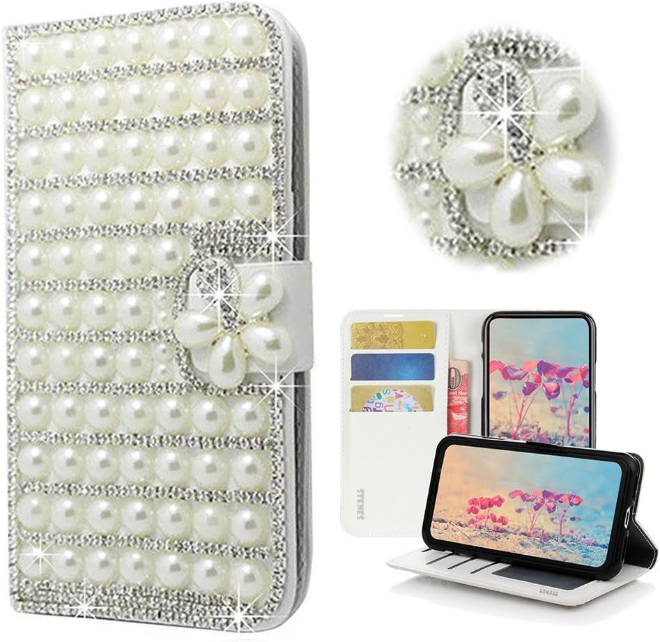 STENES LG G6 Case, LG G6 plus Case - STYLISH - 3D Handmade Bling Crystal Pearl Lattice Design Wallet Credit Card Slots Fold Stand Leather Cover Case for LG G6/LG G6 plus - White  STENES Pearl Lattice Flowers / White  
