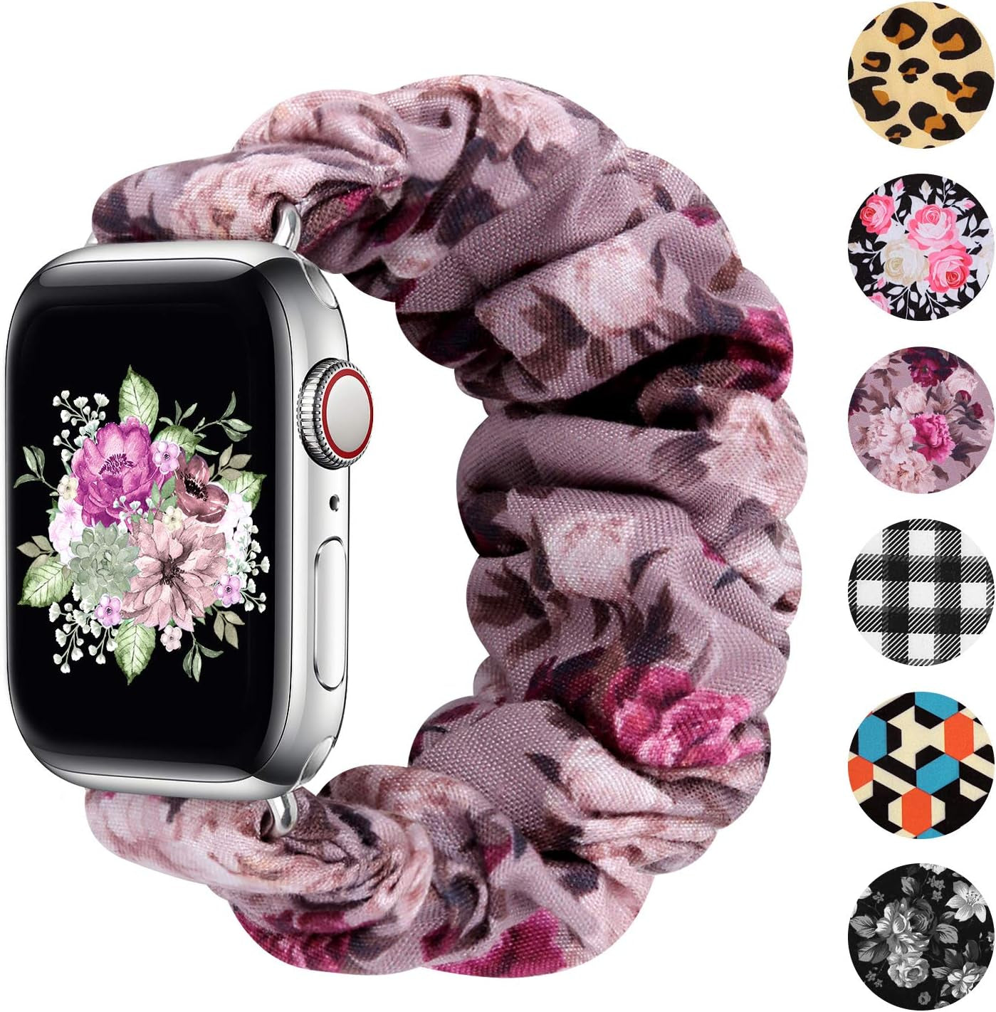 Greatfine Compatible for Apple Watch Band Scrunchie 38Mm 40Mm 41Mm 42Mm 44Mm 45Mm,Soft Elastic Scrunchie Watch Bands,With Iwatch Series 8 7 6 SE 5 4 3 2 1 Ultra,Replacement Wristband for Women(S/M)  HSELE E-Purple Floral 42mm/44mm/45mm-M/L 