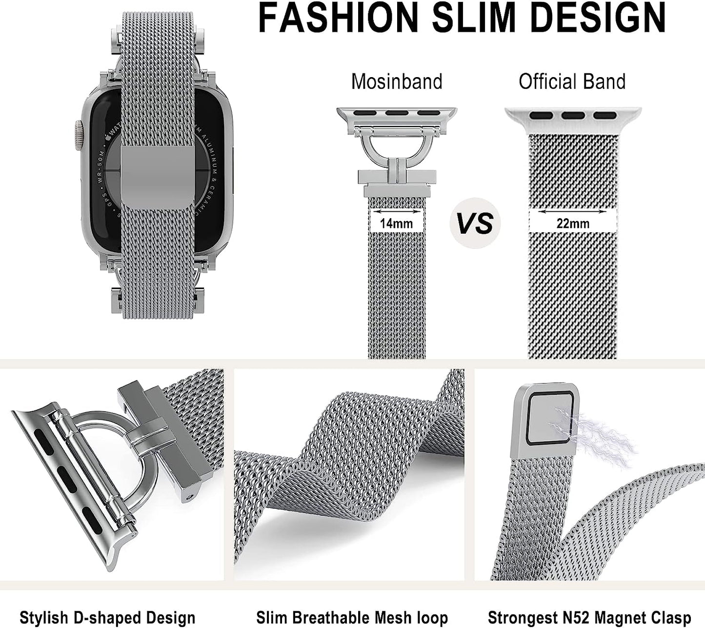 MOSINBAND Compatible with Apple Watch Band 42Mm 44Mm 45Mm 49Mm 38Mm 40Mm 41Mm,Slim Stainless Steel Mesh Loop Magnetic Clasp Strap for Iwatch SE & Series 8 7 6 5 4 3 2 1 Women Men  MOSINBAND   