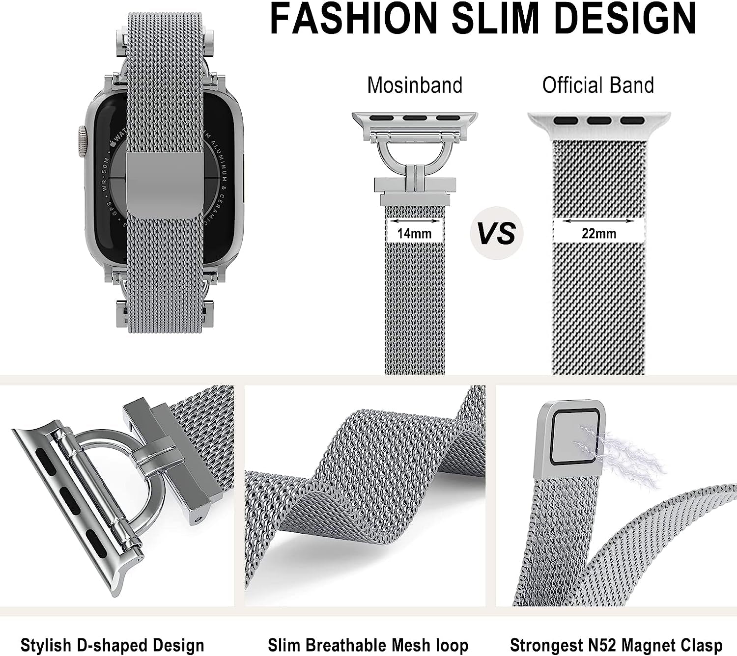 MOSINBAND Compatible with Apple Watch Band 42Mm 44Mm 45Mm 49Mm 38Mm 40Mm 41Mm,Slim Stainless Steel Mesh Loop Magnetic Clasp Strap for Iwatch SE & Series 8 7 6 5 4 3 2 1 Women Men  MOSINBAND   