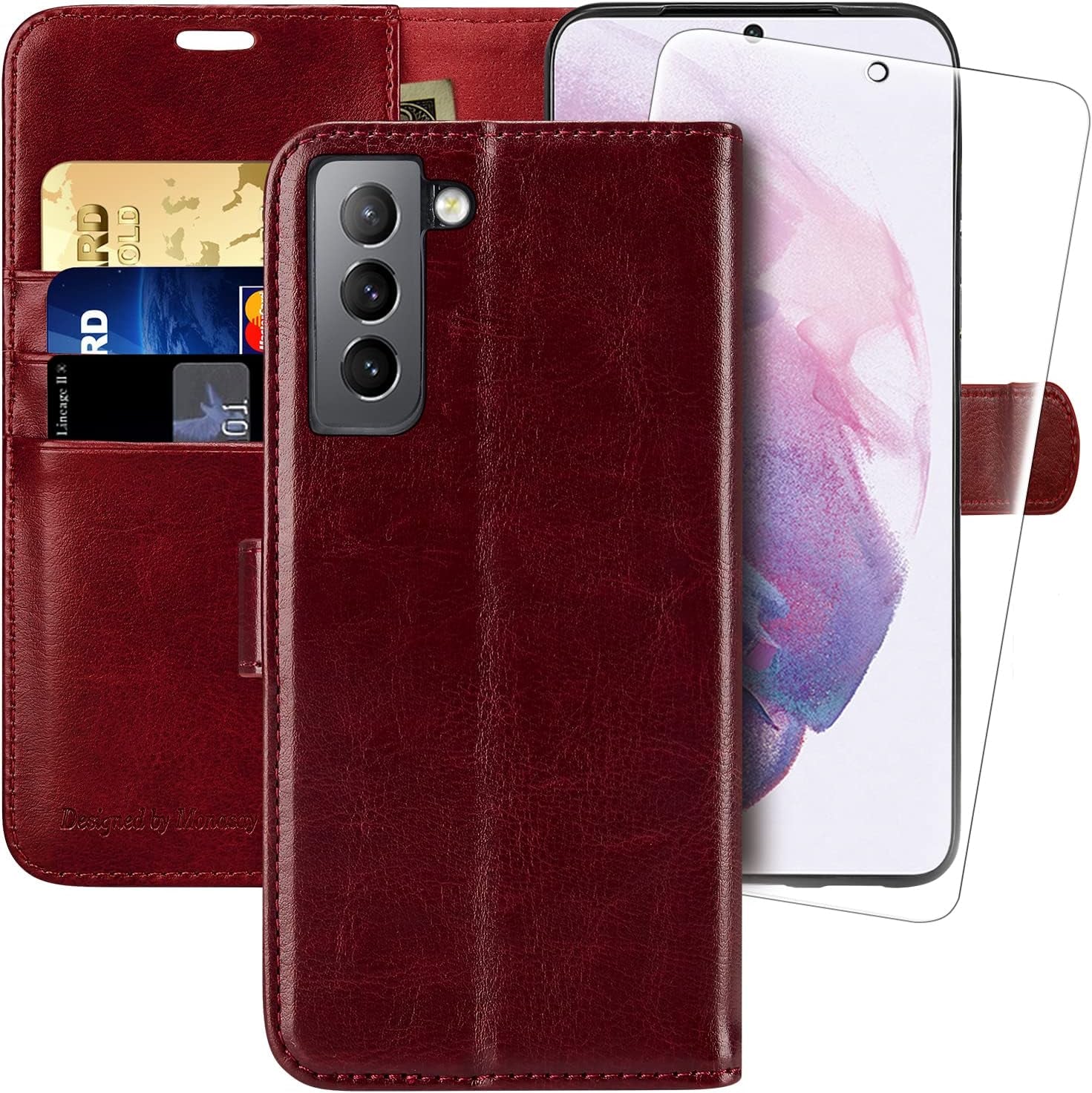 MONASAY Wallet Case for Galaxy S21+Plus 5G, 6.7 Inch [Screen Protector Included][Rfid Blocking] Flip Folio Leather Cell Phone Cover with Credit Card Holder, Lavenders  MONASAY Burgundy  