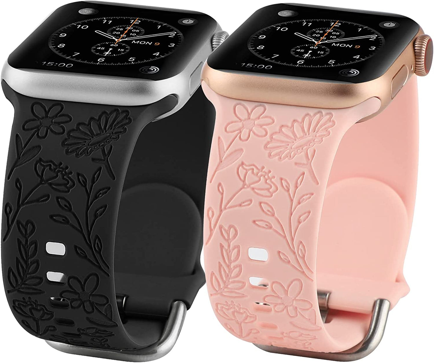 2 Pack Flower Engraved Sport Strap Compatible with Apple Watch Bands 38Mm 40Mm 41Mm, Women Floral Laser Soft Silicone Wristband Replacement Iwatch Series 8 7 6 5 4 3 2 1 SE  TERKOWQI Black Pink 38/40/41mm 