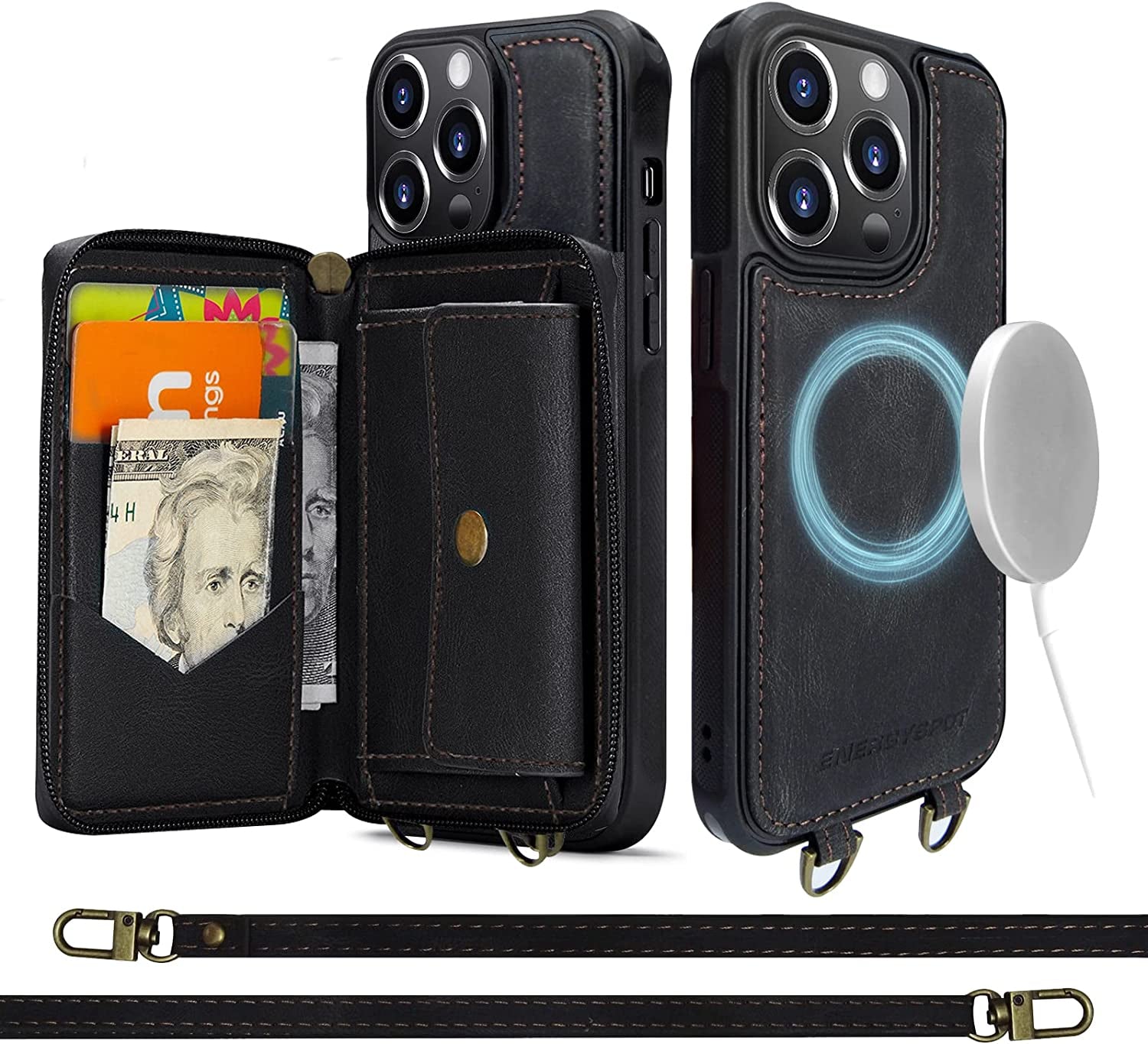 Energyspot Design for Iphone 14 Pro Max Case Compatible with Magsafe Charger Magnetic Removable Wallet Card Holder Slim Thin Leather Cover with 4.5Ft Lanyard (Pink)  EnergySpot Black iPhone 14 Plus 