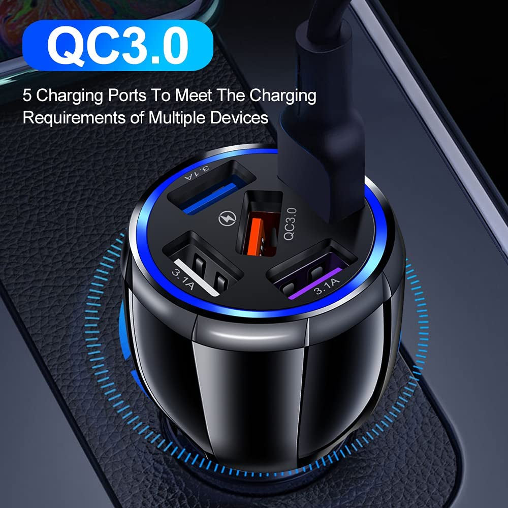 5-Port USB Fast Car Charger, QC3.0 Fast Charging Car Charger Adapter, 5 Multi Port Cigarette Lighter USB Charger, Car Phone Charger Compatible with Iphone/Android/Samsung Galaxy S10 S9 plus and More  Wekttznol/XAYVG   