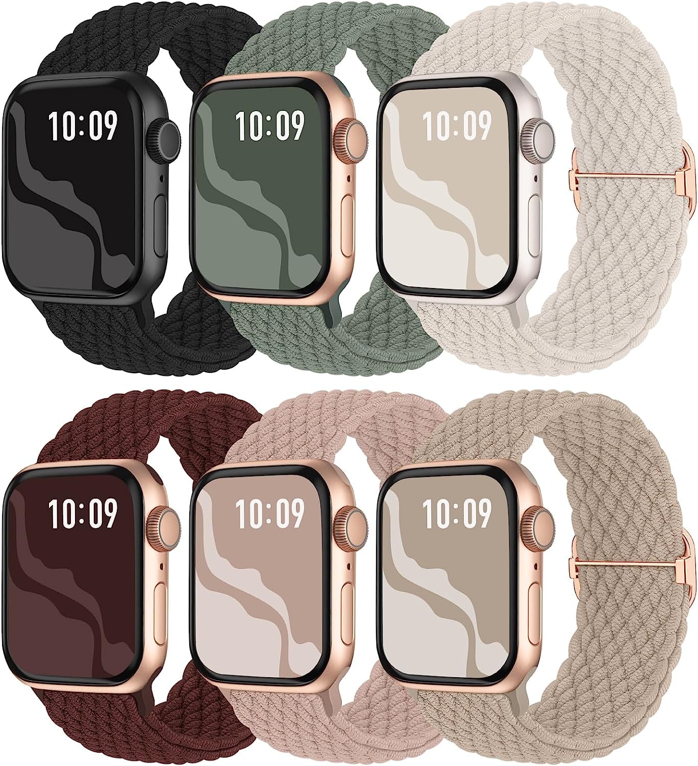 6 Pack Braided Solo Loop Compatible with Apple Watch Band 38Mm 40Mm 41Mm 42Mm 44Mm 45Mm 49Mm for Women Men, Stretchy Nylon Elastic Straps Wristbands for Iwatch Series Ultra SE 8 7 6 5 4 3 2 1  Suitisbest Black/Starlight/NudePink/Wine/Cactus/MilkTea 38/40/41mm 