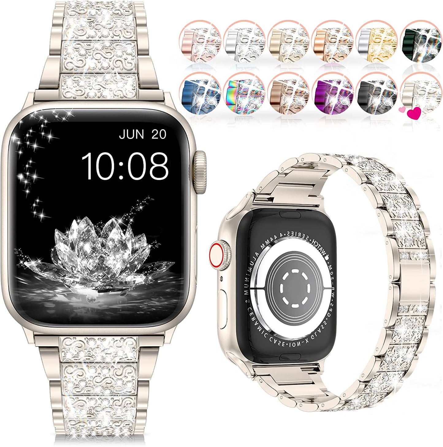 LELONG for Apple Watch Band 38Mm 40Mm 41Mm Series 8 7 6 5 4 3 2 1 SE Ultra for Women, Bling Replacement Bracelet Iwatch Band, Sparkle Diamond Rhinestone Stainless Steel Metal Wristband Strap  LELONG AB-Starlight 38mm/40mm/41mm 