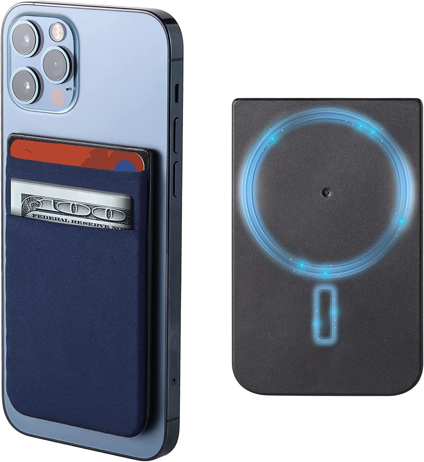 Cloudvalley Magnetic Card Wallet Designed for Iphone Magsafe, Stretchy Lycra Double Pocket Credit ID Card Holder Case for Back of Iphone 14 / Iphone 13 & 12 Mag Safe, Black  CloudValley Blue  