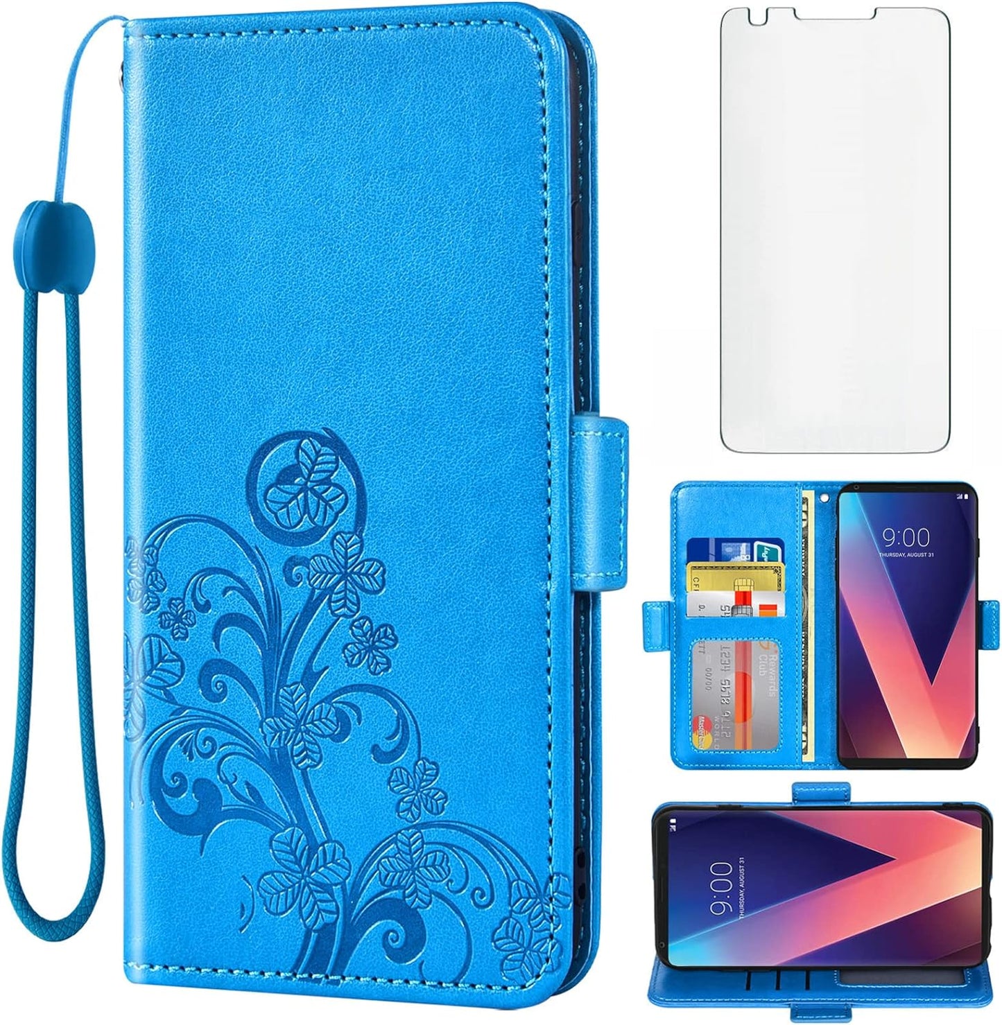 Asuwish Compatible with LG V35 Thinq V30 plus Wallet Case and Tempered Glass Screen Protector Flip Wrist Strap Credit Card Holder Cell Phone Cover for LGV30 LGV35 LG30 LG35 V 30 35 V30+ V30S H931 Blue  Asuwish   