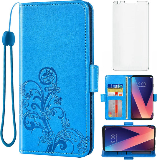 Asuwish Compatible with LG V35 Thinq V30 plus Wallet Case and Tempered Glass Screen Protector Flip Wrist Strap Credit Card Holder Cell Phone Cover for LGV30 LGV35 LG30 LG35 V 30 35 V30+ V30S H931 Blue  Asuwish   