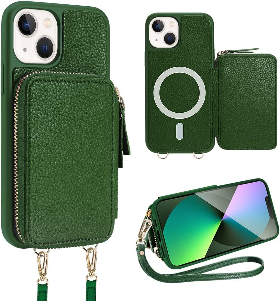 ZVE Iphone 14 Pro Crossbody Wallet Case Magsafe, Phone Case with RFID Blocking Card Holder Wrist Strap for Women, Zipper Leather Cover for Iphone 14 Pro, 6.1"-Black  ZVE Dark Green iPhone 14 