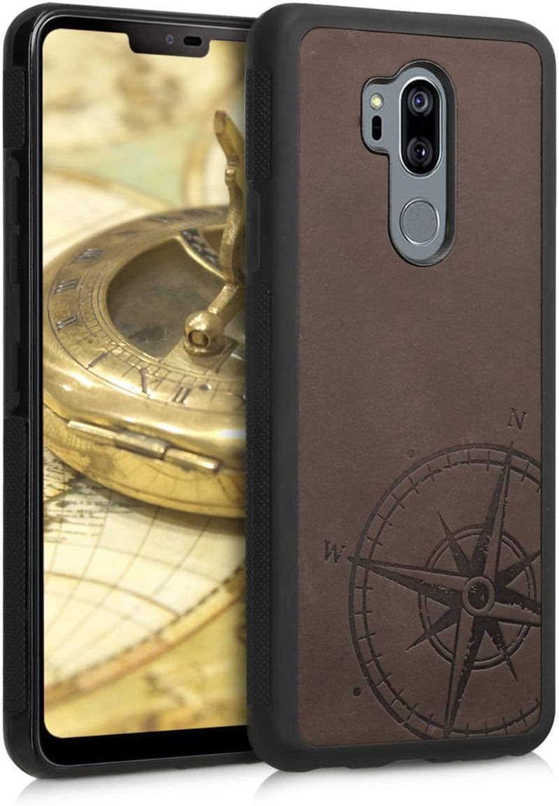 Kalibri Case Compatible with LG G7 Thinq/Fit/One - Smooth Genuine Leather Protective Smartphone Cover - Navigational Compass Brown  KW-Commerce   