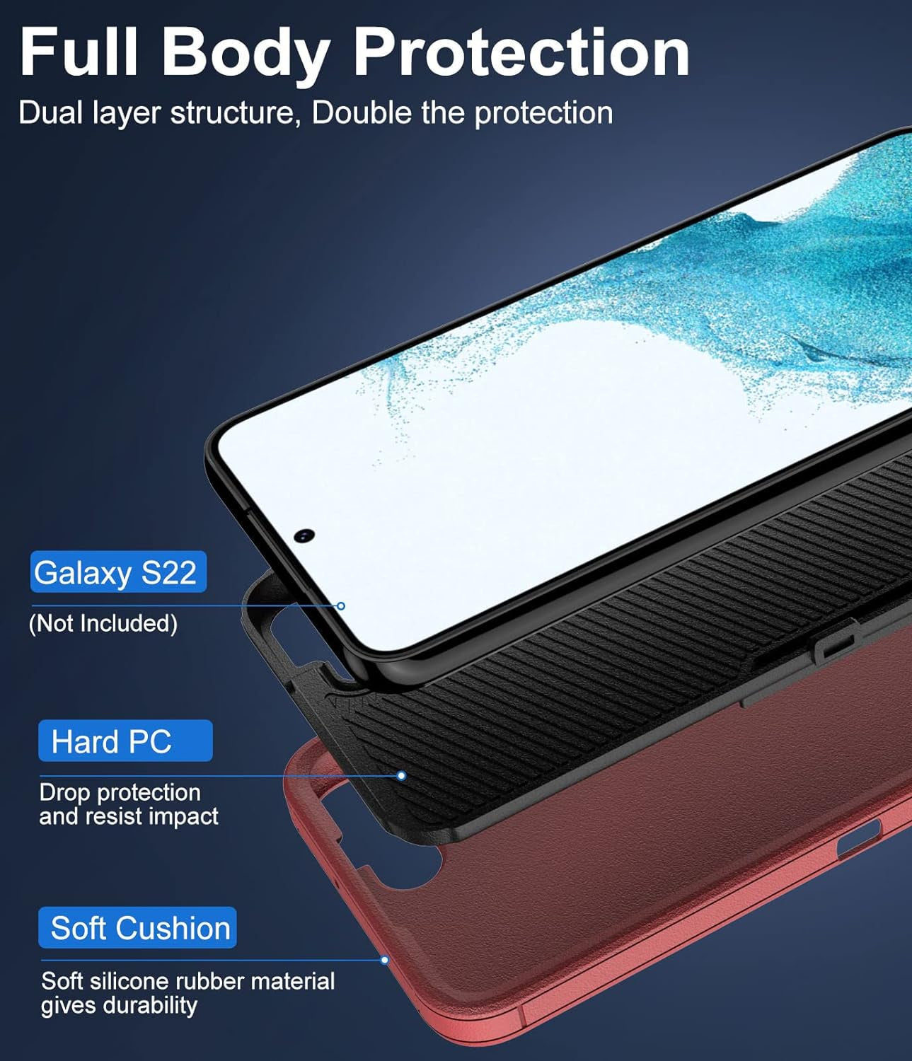 Dahkoiz for Samsung Galaxy S22 Case, Dust-Proof Port Cover, Full Body Durable Silicone Rubber Phone Case for Samsung Galaxy S22 5G, Black/Red  UNISMART INC   