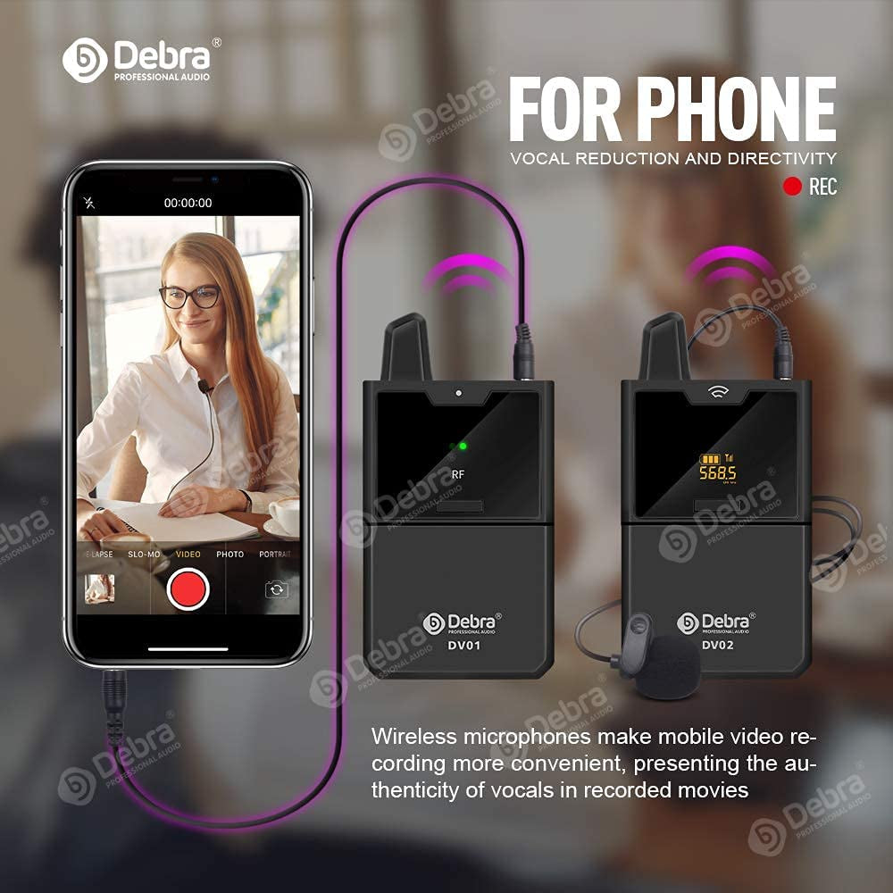 D Debra New Version DV UHF Wireless Lavalier Microphone with Remote Real-Time Sound Monitor for DSLR Camera Vlog Phone Interview Live Recording, Wireless Lapel Microphone (DV-02 Dual Mics)  D Debra   