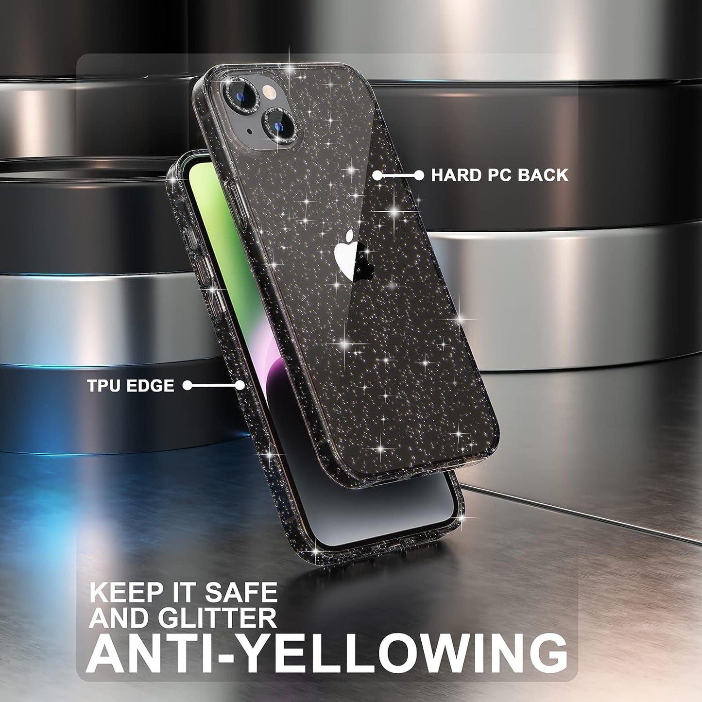 Choiche Compatible for Iphone 14 plus Case Cute, Women Clear Glitter Bling Sparkly Case, [2 X Diamond Camera Lens Protectors] [2 X Tempered Glass Screen Protectors] 6.7-Inch (Glitter Black)  Choiche   