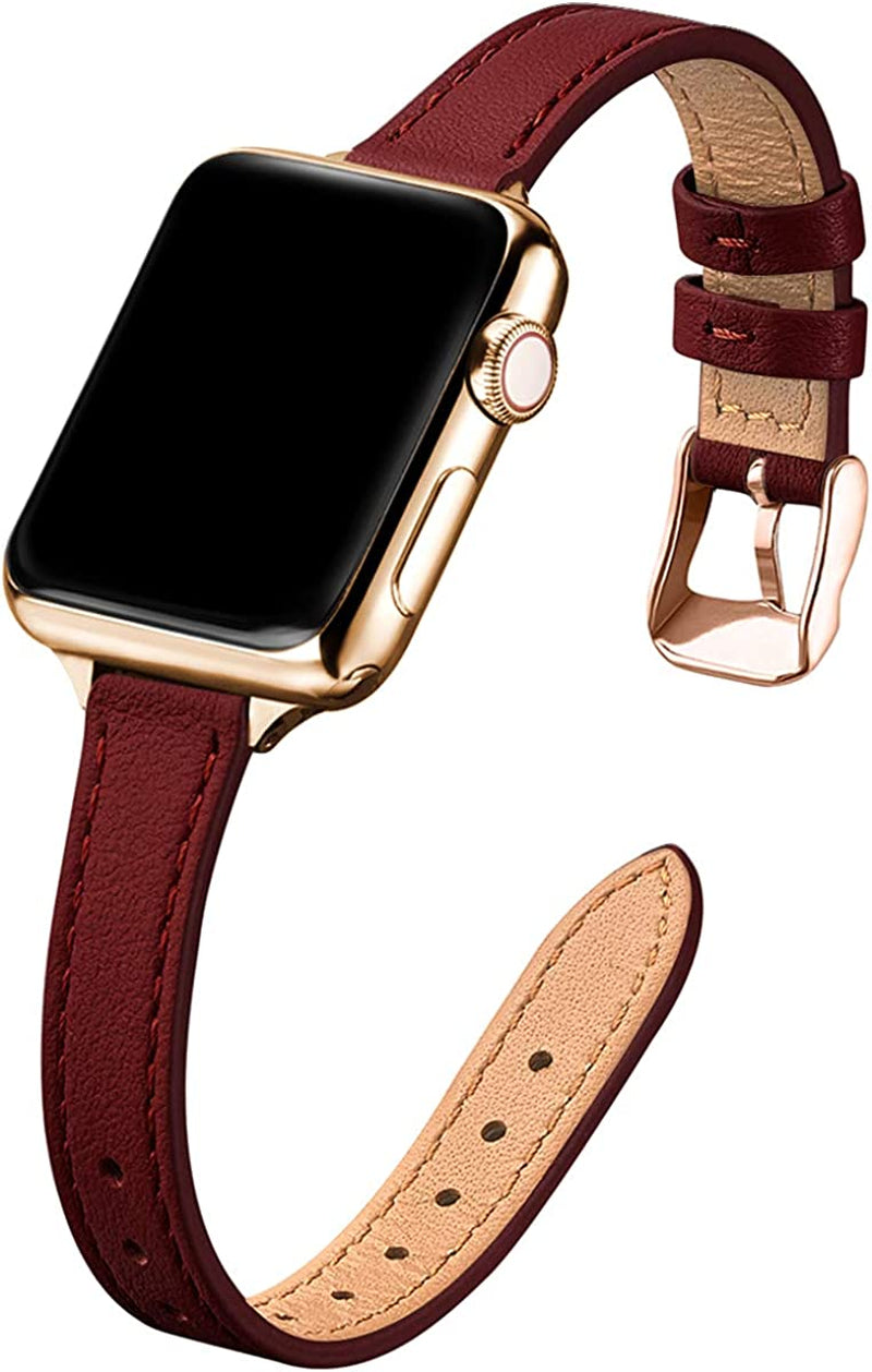 STIROLL Slim Leather Bands Compatible with Apple Watch Band 38Mm 40Mm 41Mm 42Mm 44Mm 45Mm 49Mm, Top Grain Leather Watch Thin Wristband for Iwatch Ultra SE Series 8/7/6/5/4/3/2/1  STIROLL Wine Red with Gold 42mm/44mm/45mm/49mm 