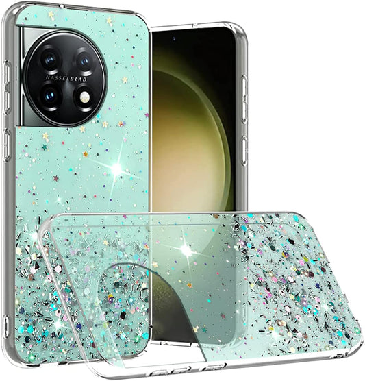 Compatible with Oneplus 11 Case Glitter Clear Green, Oneplus 11 Phone Case Silicone Transparent Soft TPU Women Girls Shockproof Protective Slim Cover (Green)  Wousunly   