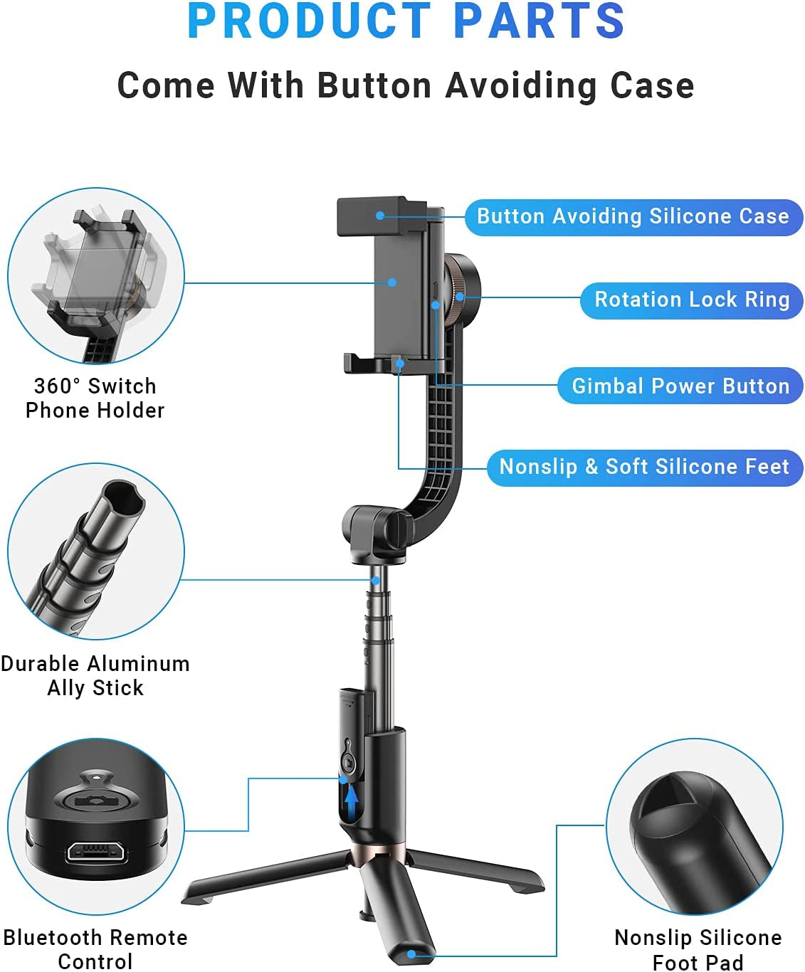 Gimbal Stabilizer for Smartphone, APEXEL 360° Rotation Auto Balance Small Portable Handhold Selfie Stick Tripod with Wireless Remote, 1-Axis Lightweight Extendable Stabilizer Gimble Iphone Phone Gopro  APEXEL   