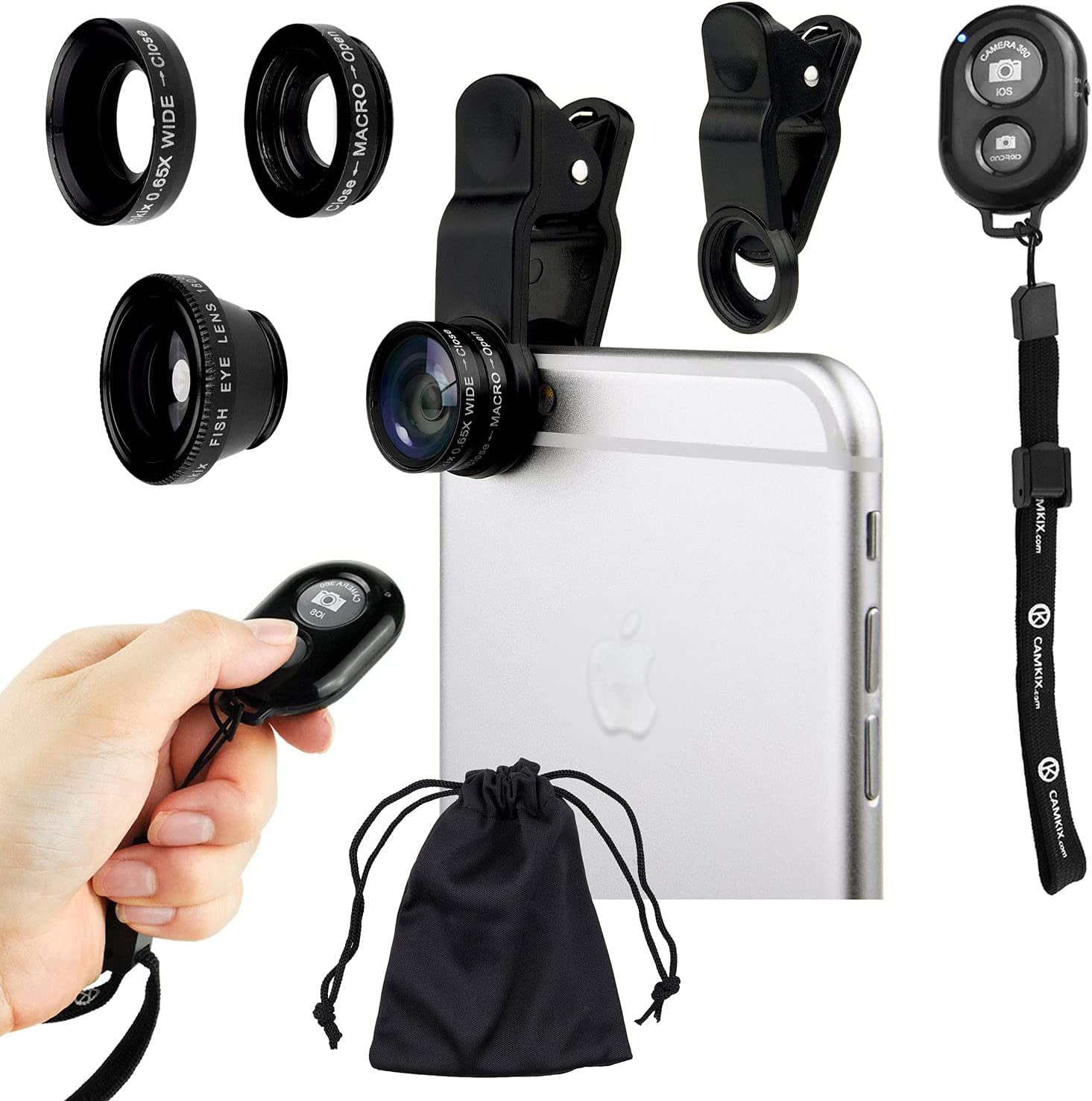 Universal 3 in 1 Cell Phone Camera Lens Kit for Smartphones Including - Fish Eye Lens / 2 in 1 Macro Lens & Wide Angle Lens/Universal Clip/Carry Pouch/Microfiber Cleaning Cloth  CamKix Black + Camera Shutter Remote  