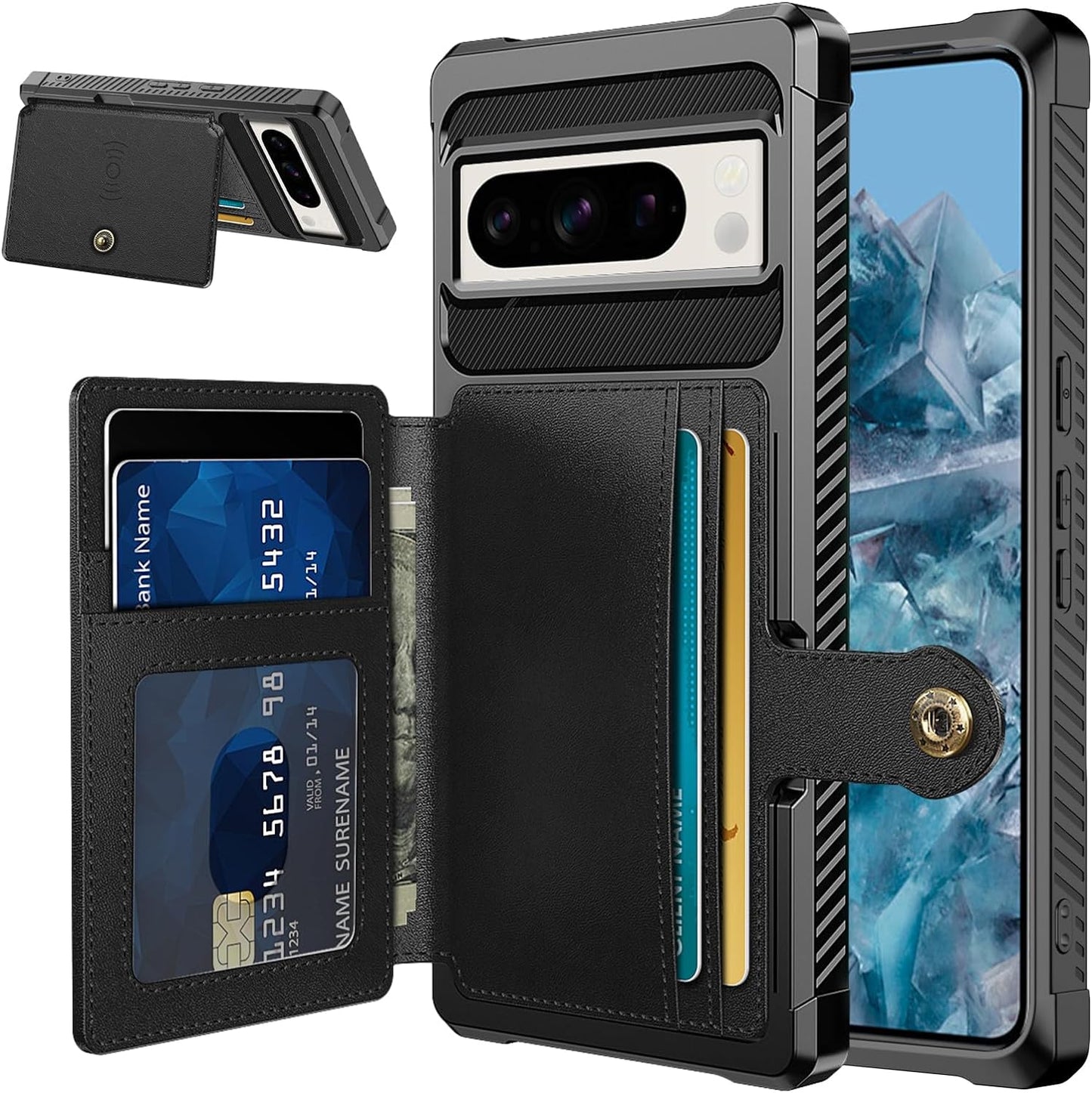 Goosebox for Google Pixel 8 Pro Case with Card Holder(5 Cards), Google 8 Pro Wallet Case Built-In Kickstand Magnetic Flip Snap Soft TPU+PU Leather Durable Shockproof Case for Google 8 Pro (Blue)  GooseBox Black For Google Pixel 8 Pro 