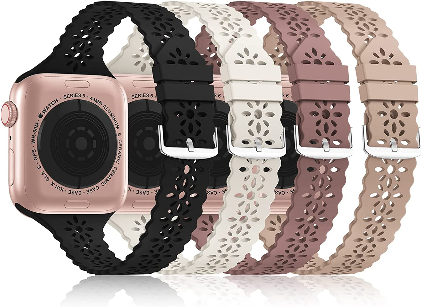 Bandiction 4 Pack Lace Silicone Bands Compatible with Apple Watch Band 38Mm 40Mm 41Mm 42Mm 44Mm 45Mm 49Mm, Women Slim Thin Hollow-Out Sport Wristband for Iwatch Series Ultra 8 SE 7 6 5 4 3 2 1  Bandiction Black/Walnut/Starlight/SmokeViolet 38mm/40mm/41mm 