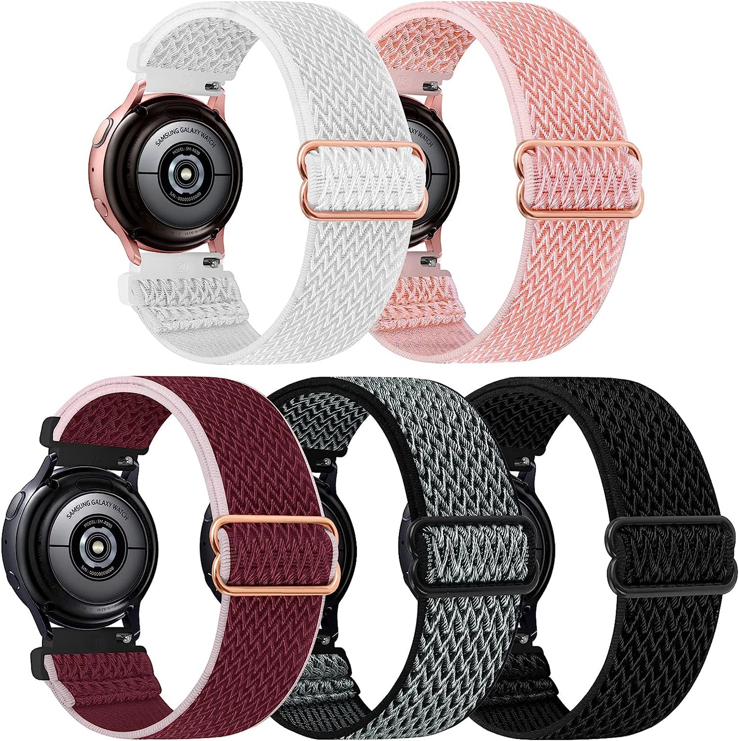 5 Pack Stretchy Nylon Watch Bands Compatible with Samsung Galaxy Watch Active 2 Bands 40Mm 44Mm/Active 40Mm/Galaxy Watch 3 41Mm/Galaxy Watch 42Mm/Gear S2/Galaxy Watch 4 Fabric 20Mm Wristband  MEULOT Black/Grey/Pink/Wine-Red/White  