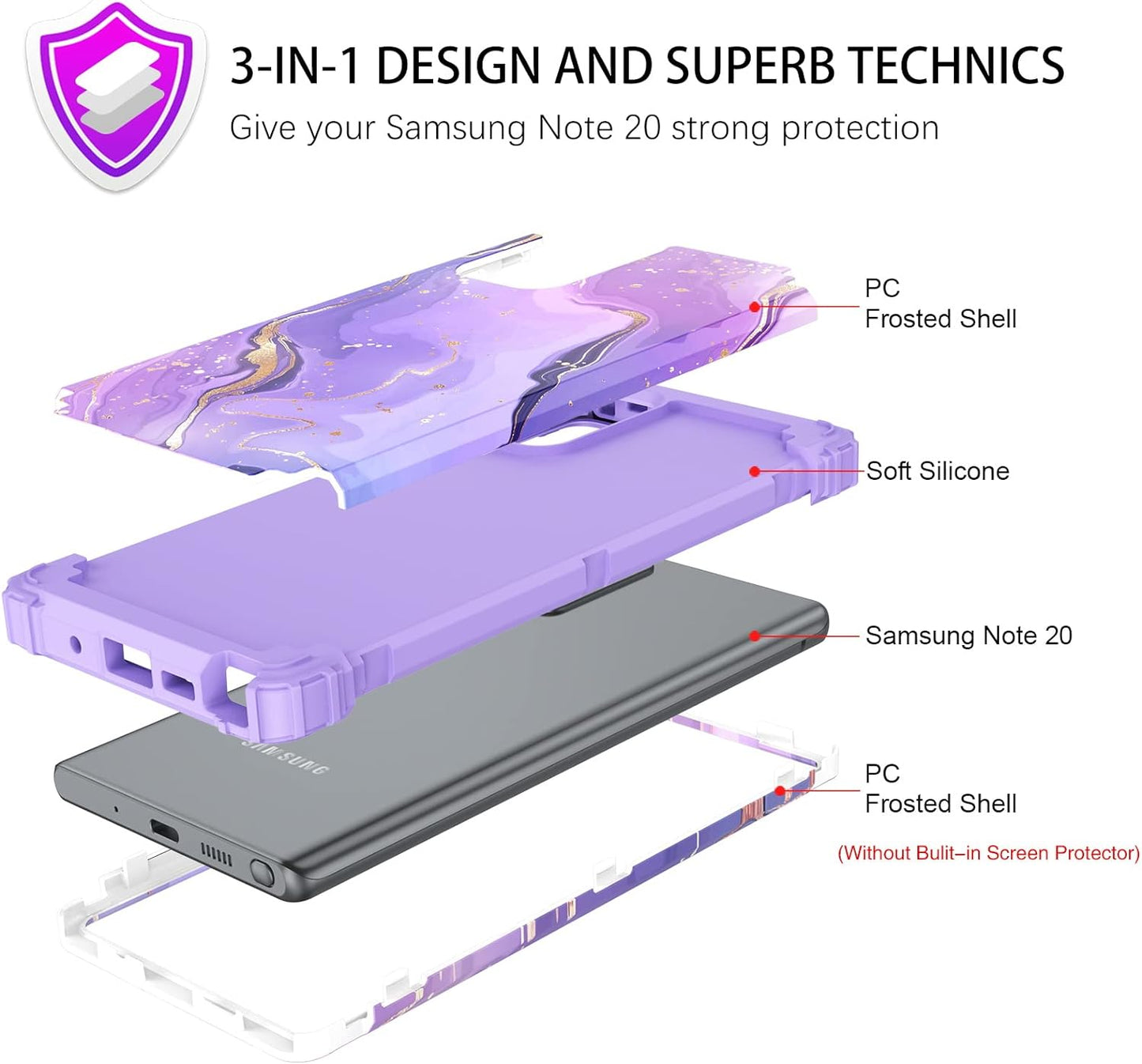 DUEDUE for Samsung Galaxy Note 20 Case, Marble Pattern Heavy Duty Rugged Shockproof Drop Protection 3 in 1 Hybrid Hard PC Cover Soft Silicone Bumper Phone Case for Samsung Note 20, Purple/Marble  DUEDUE   