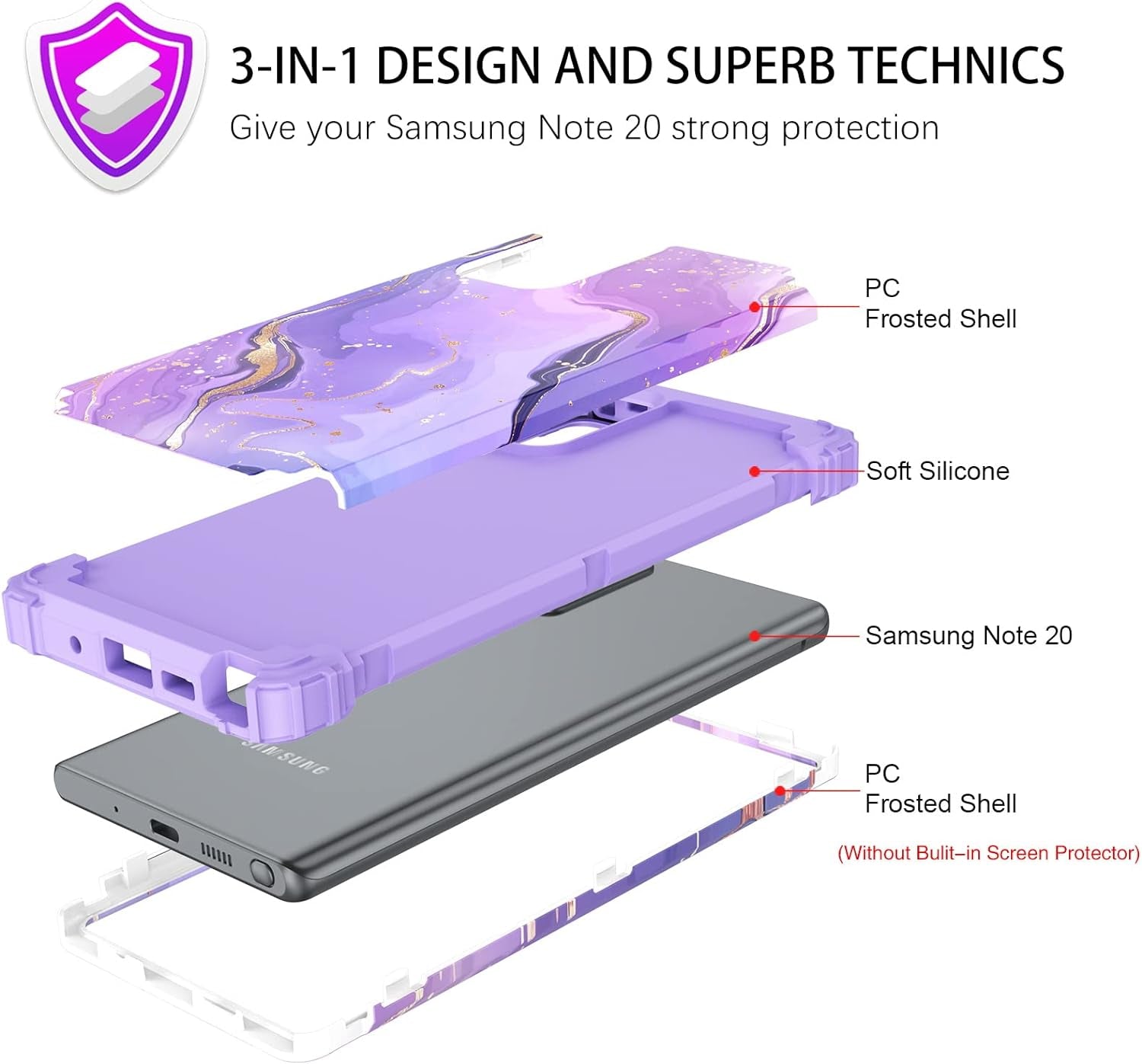 DUEDUE for Samsung Galaxy Note 20 Case, Marble Pattern Heavy Duty Rugged Shockproof Drop Protection 3 in 1 Hybrid Hard PC Cover Soft Silicone Bumper Phone Case for Samsung Note 20, Purple/Marble  DUEDUE   
