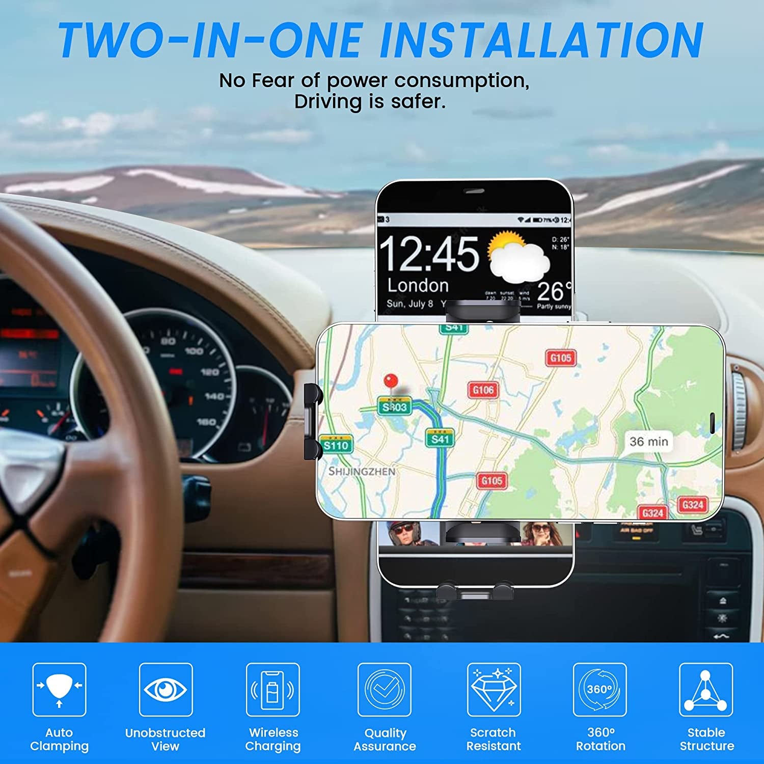Wireless Car Charger, 15W Fast Charging Auto Clamping Car Charger Car Phone Holder Mount [Suction & Stable Hook] for Car Windshield Air Vent Universal Fit for Iphone Samsung Smartphones, Etc  Caymuller   