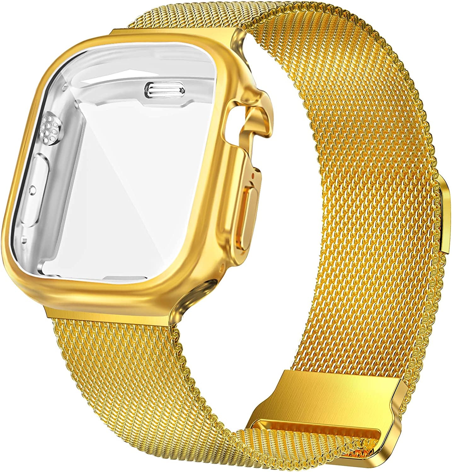 Geoumy Metal Magnetic Bands Compatible for Apple Watch Band 45Mm with Case, Stainless Steel Milanese Mesh Loop Replacement Strap Compatible with Iwatch Series 8/7/6/5/4/3/2/1 SE Women Men,Starlight  Geoumy Gold Ultra 49mm 