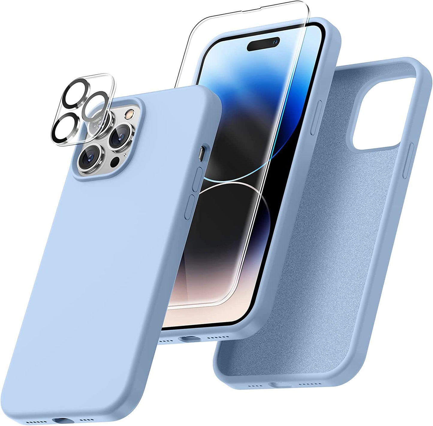 Uyiton [5 In1] Liquid Silicone Iphone 12 PRO Max Case, [Drop Protection] [Full Covered] Shockproof Slim Thin Cover with Microfiber Lining, with 2Xscreen Protector +2Xcamera Lens Protector-Green  Uyiton 14Pm-Capri Blue Iphone 14 Pro Max 
