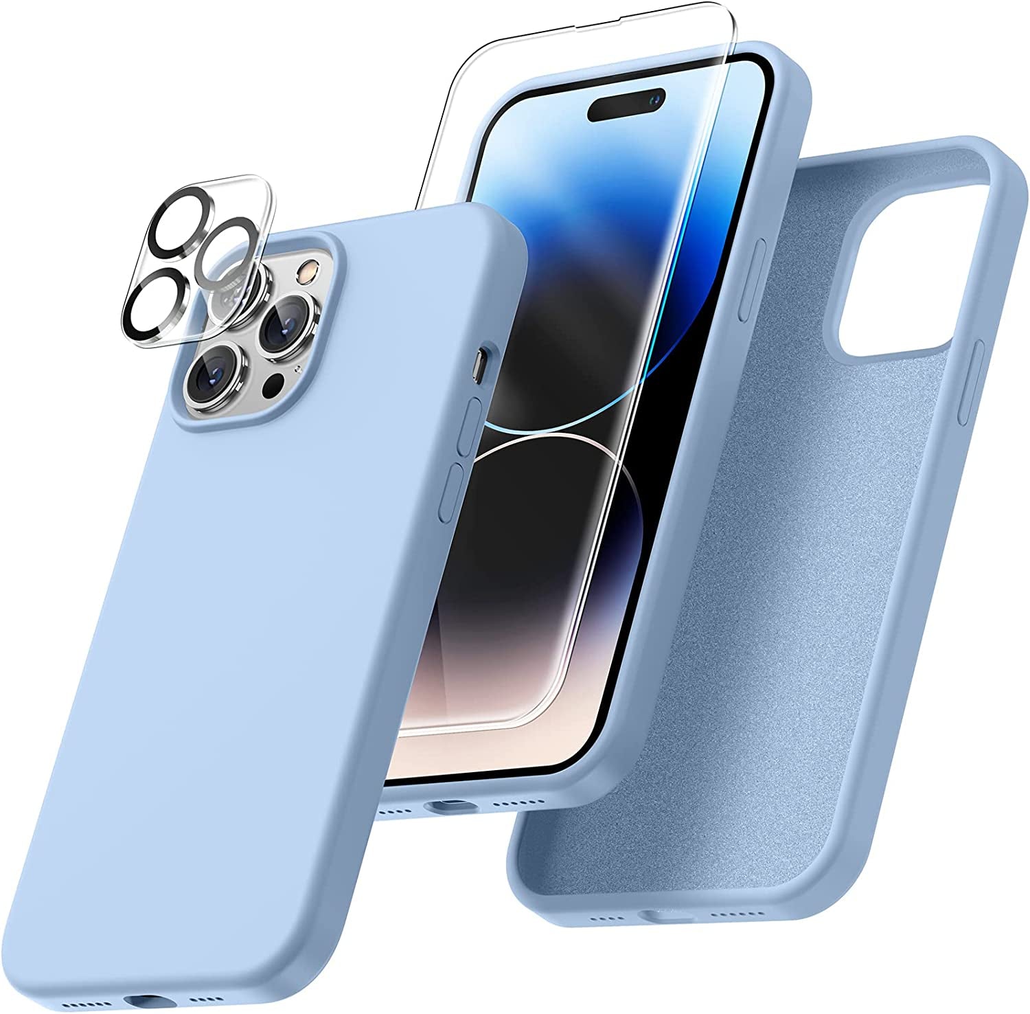 Uyiton [5 In1] Liquid Silicone Iphone 12 PRO Max Case, [Drop Protection] [Full Covered] Shockproof Slim Thin Cover with Microfiber Lining, with 2Xscreen Protector +2Xcamera Lens Protector-Green  Uyiton 14Pm-Capri Blue Iphone 14 Pro Max 