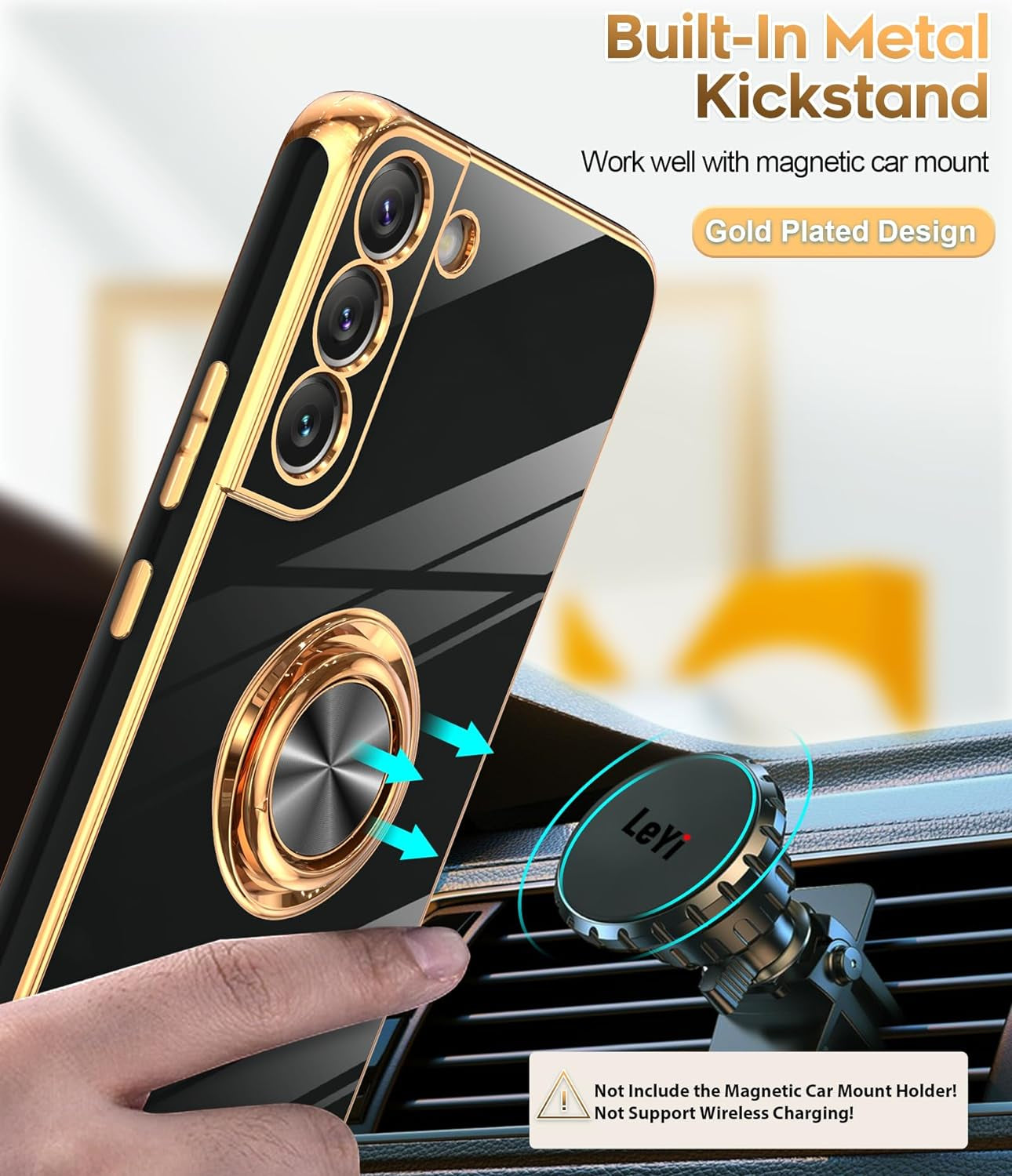 Leyi for Samsung Galaxy S22 plus Case 360° Rotatable Ring Holder Magnetic Kickstand, Plating Rose Gold Edge Protective Galaxy S22 Plus/ S22+ Case, Black  LeYi   