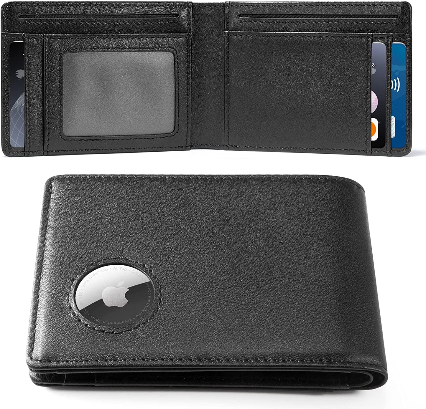 HLHGR Airtag Wallet Men Genuine Leather Cash Credit Card Bifold Wallet RFID Blocking with Airtag Case Holder Front Pocket for Apple Air Tag（ Airtag Not Inside） (Leather, Black)  HLHGR   