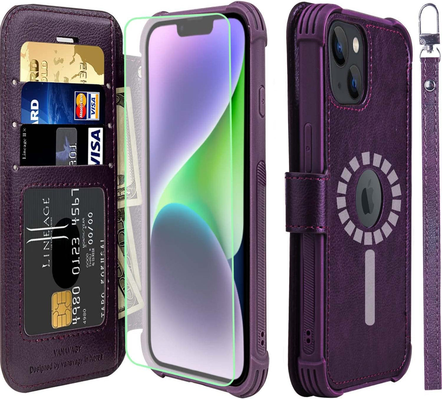 VANAVAGY Iphone 14 plus Wallet Case Magsafe,Leather Flip Folio Phone Cover Supports Magsafe and Wireless Charging with RFID Block Card Holder and Wrist Strap,Clove Purple  VANAVAGY Purple（Not for iPhone 14 ）  