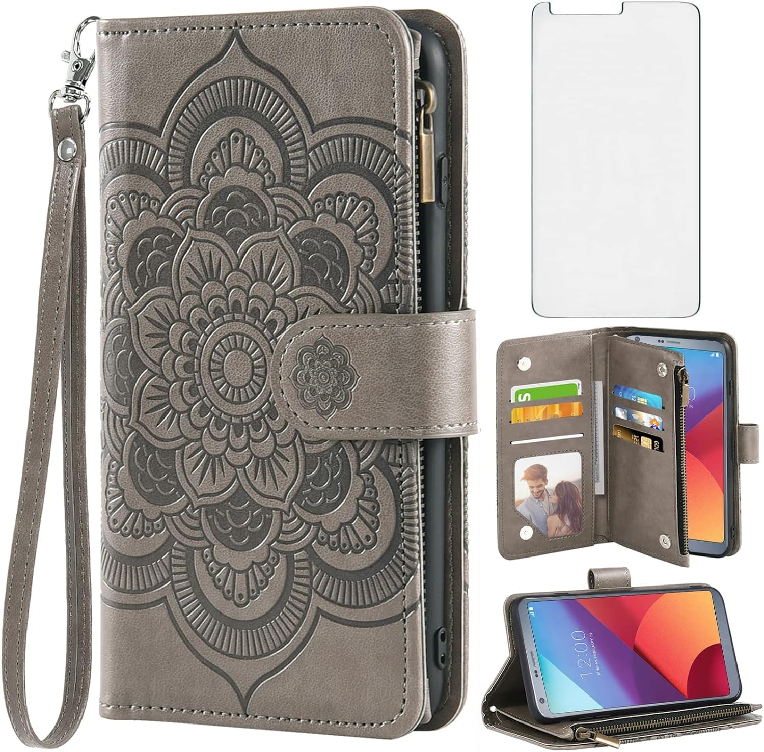 Asuwish Compatible with LG G6 Wallet Case and Tempered Glass Screen Protector Flower Leather Flip Card Holder Stand Cell Phone Cover for LGG6 Thinq LG6 Thin Q G 6 plus G6+ 6G VS988 H872 Women Purple  Asuwish Gray For Lg G6 / G6 Plus / G6 Thinq 