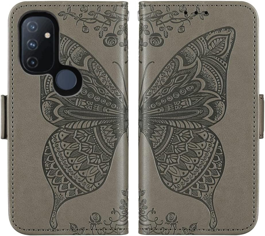 WWAAYSSXA Compatible with Oneplus Nord N100 Wallet Case Wrist Strap Lanyard Leather Flip Card Holder Cell Accessories Phone Cover for One plus N 100 4G 1 plus 1Plus One+ 1+ 100N Women Men Grey  WWAAYSSXA   