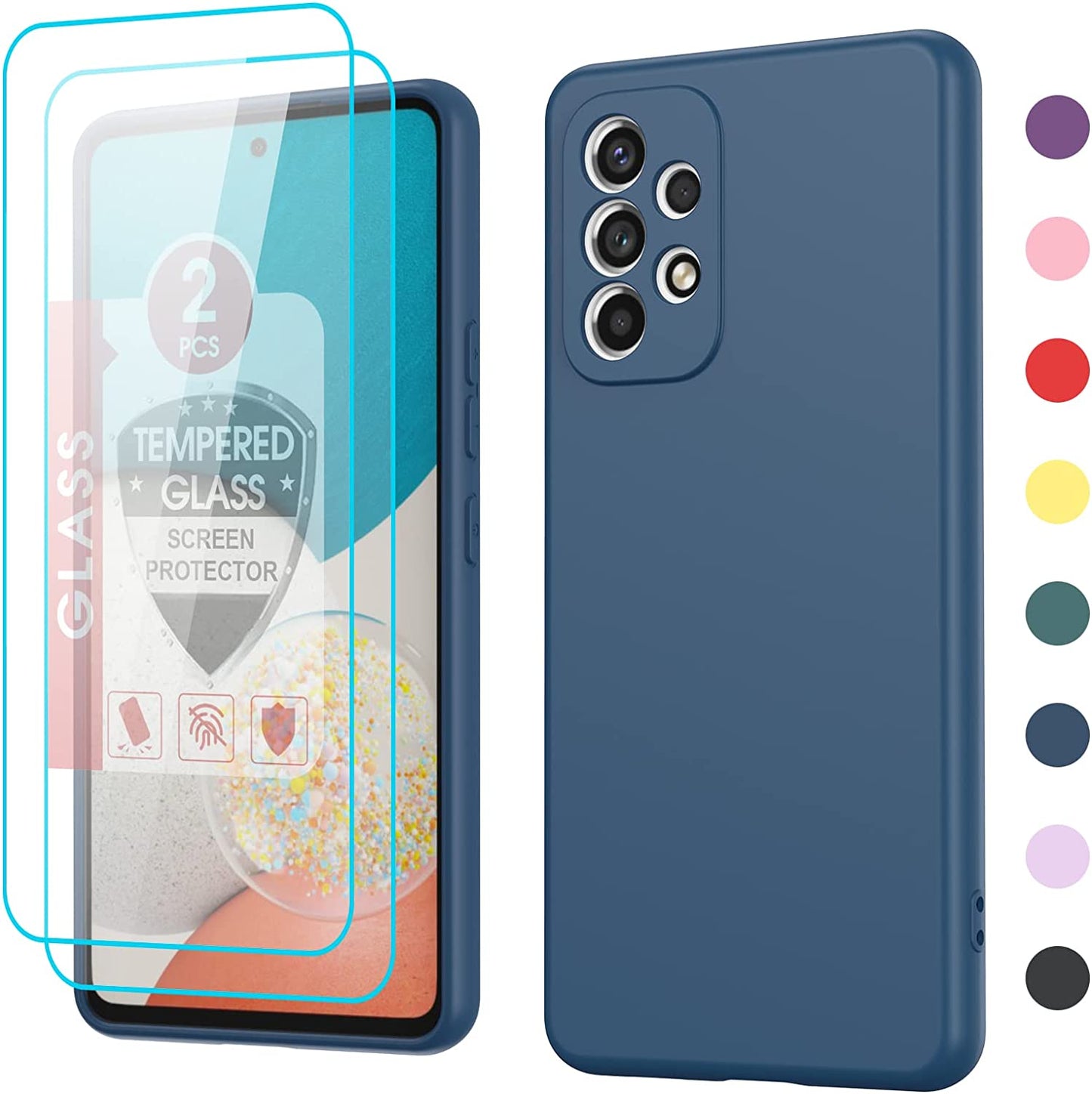 Leyi for Galaxy A53 Case, Case for Galaxy A53 5G with [2 Pack] Tempered Glass Screen Protector, Liquid Silicone Soft Microfiber Liner Cover Phone Case Samsung A53 5G, Orange  LeYi Blue  