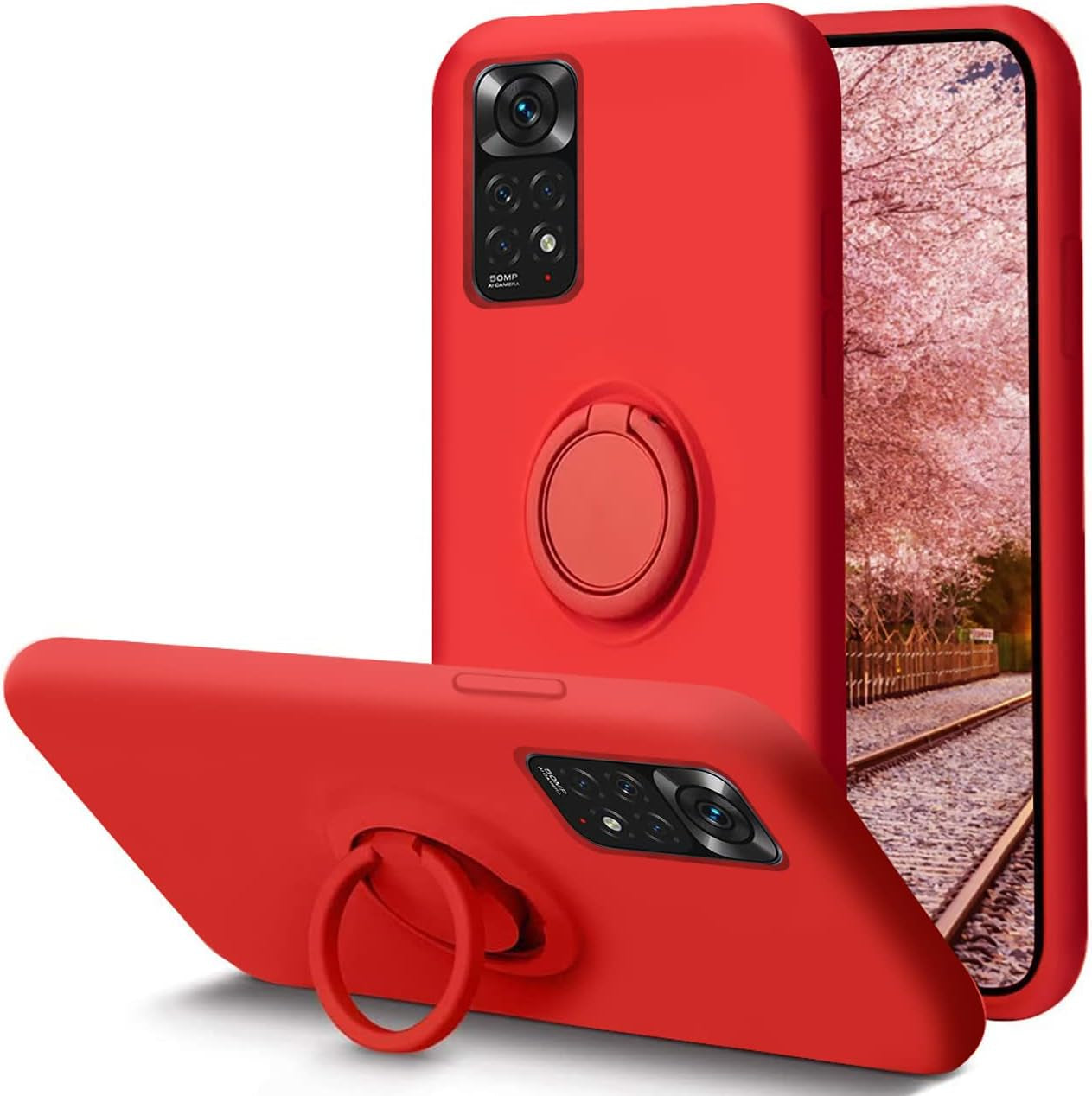 Case for Xiaomi Poco M4 Pro 5G Silicone Liquid,Soft Gel Microfiber Lining Cushion Bumper for Xiaomi Poco M4 Pro 5G with Ring Holder Kickstand Support Magnetic Case Black  Leton Red  