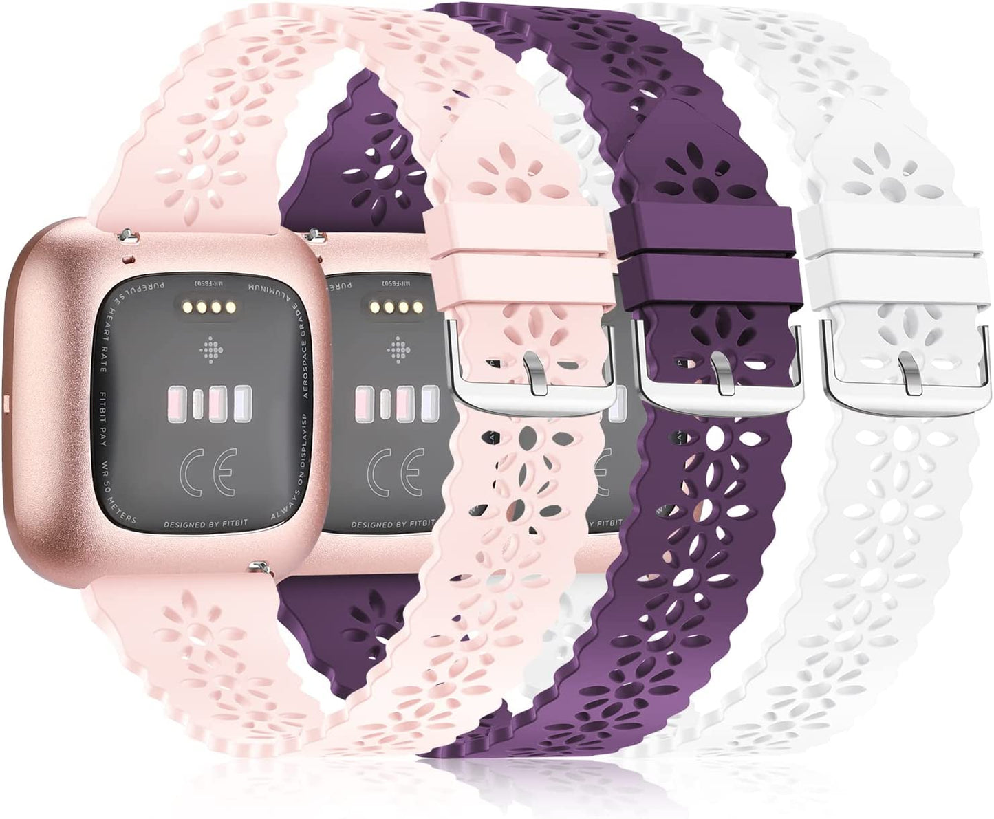 YAXIN 3 Pack Slim Sport Bands Compatible with Fitbit Versa/ Versa 2/ Versa Lite Band for Women,Soft Silicone Lace Replacement Wristbands for Smart Watch,Black/White/Pink Sand  YAXIN I-purple/white/pink sand  