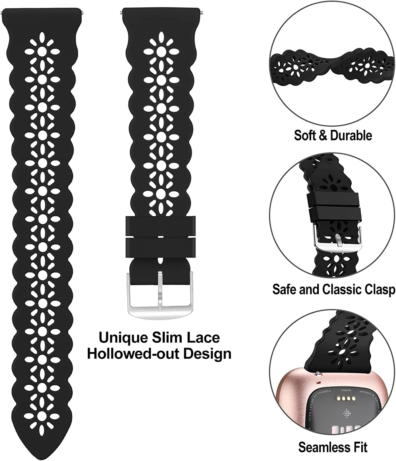 YAXIN 3 Pack Slim Sport Bands Compatible with Fitbit Versa/ Versa 2/ Versa Lite Band for Women,Soft Silicone Lace Replacement Wristbands for Smart Watch,Black/White/Pink Sand  YAXIN   