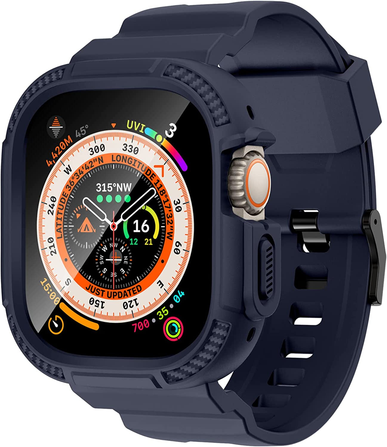 OROBAY Compatible with Apple Watch Band 45Mm 44Mm 42Mm with Case, Shockproof Rugged Band Strap for Iwatch SE SE2 Series 8/7/6/5/4/3/2/1 45Mm 44Mm 42Mm with Bumper Case Cover Men Women, Matte Black  OROBAY Blue Ultra 49mm 